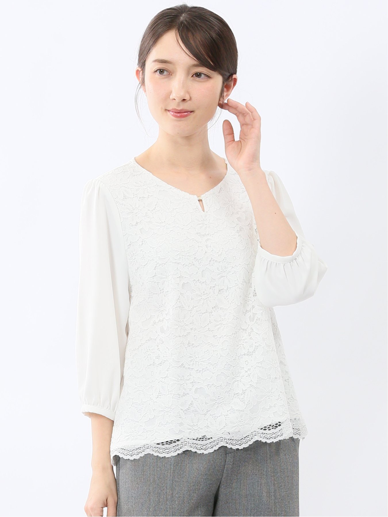 【SALE／10%OFF】m.f.editorial 前身レース 7分袖プルオーバーブラウス タカキュー トップス シャツ・ブラウス ホワイト グレー【送料無料】