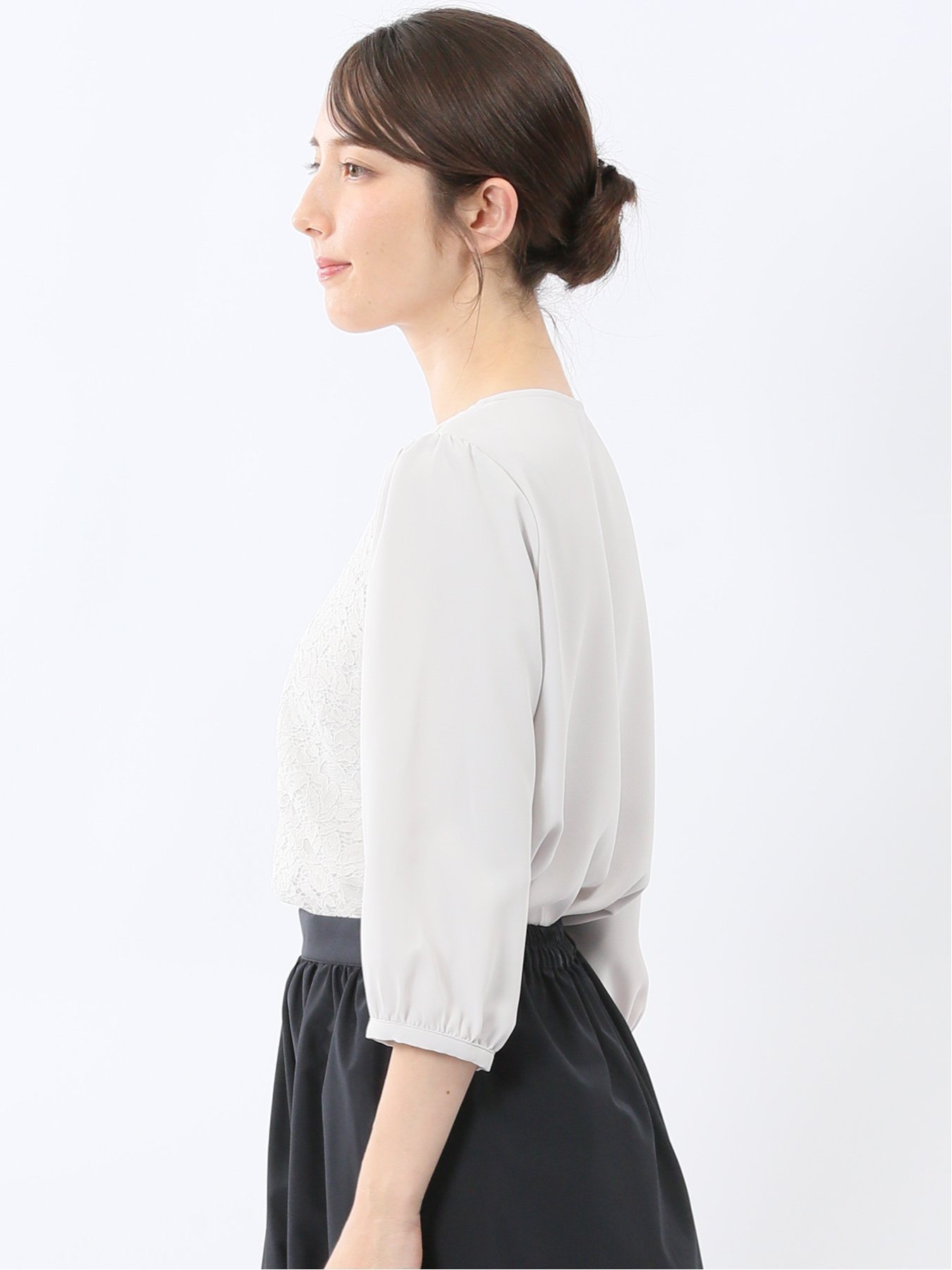 【SALE／10%OFF】m.f.editorial 前身レース 7分袖プルオーバーブラウス タカキュー トップス シャツ・ブラウス ホワイト グレー【送料無料】
