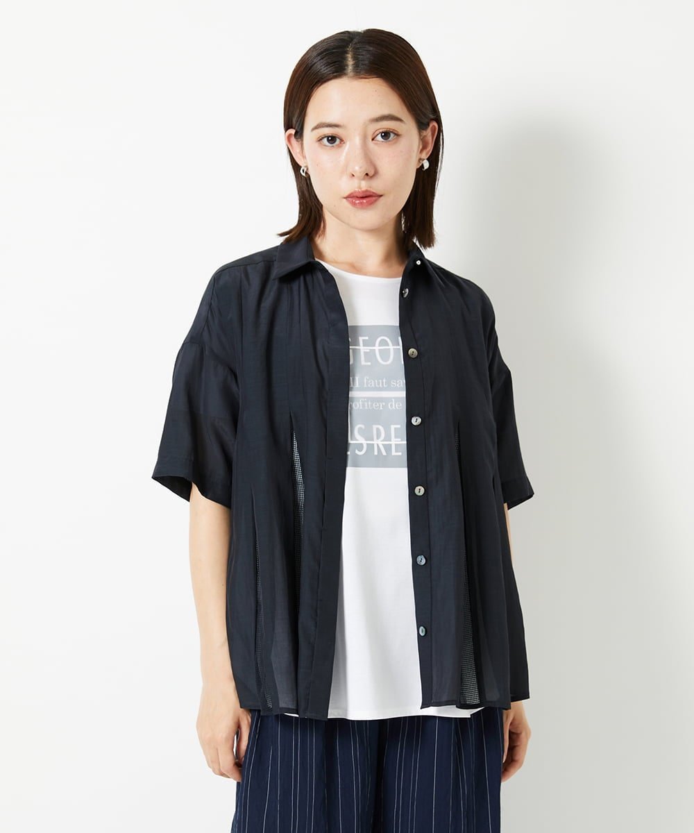 （小さいサイズ） メッシュシアータック5分袖ブラウス メゾンドゥサンク トップス シャツ・ブラウス ネイビー オレンジ ベージュ