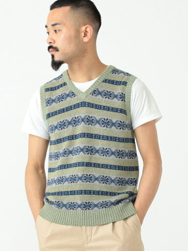 Fair Isle Linen Cotton Sweater Vest 11-05-0175-103: Green