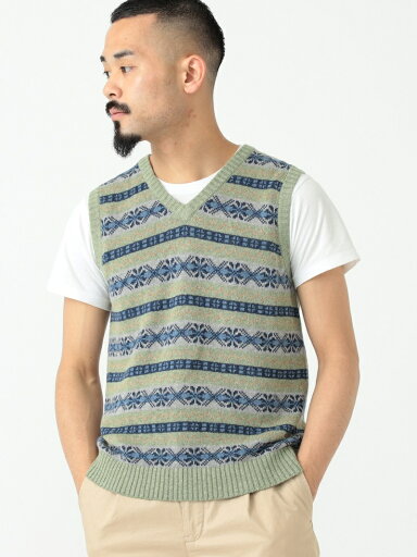 Fair Isle Linen Cotton Sweater Vest 11-05-0175-103: Green Fair Isle Linen Cotton Sweater Vest 11-05-0175-103: Green