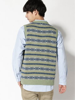 Fair Isle Linen Cotton Sweater Vest 11-05-0175-103: Green Fair Isle Linen Cotton Sweater Vest 11-05-0175-103: Green