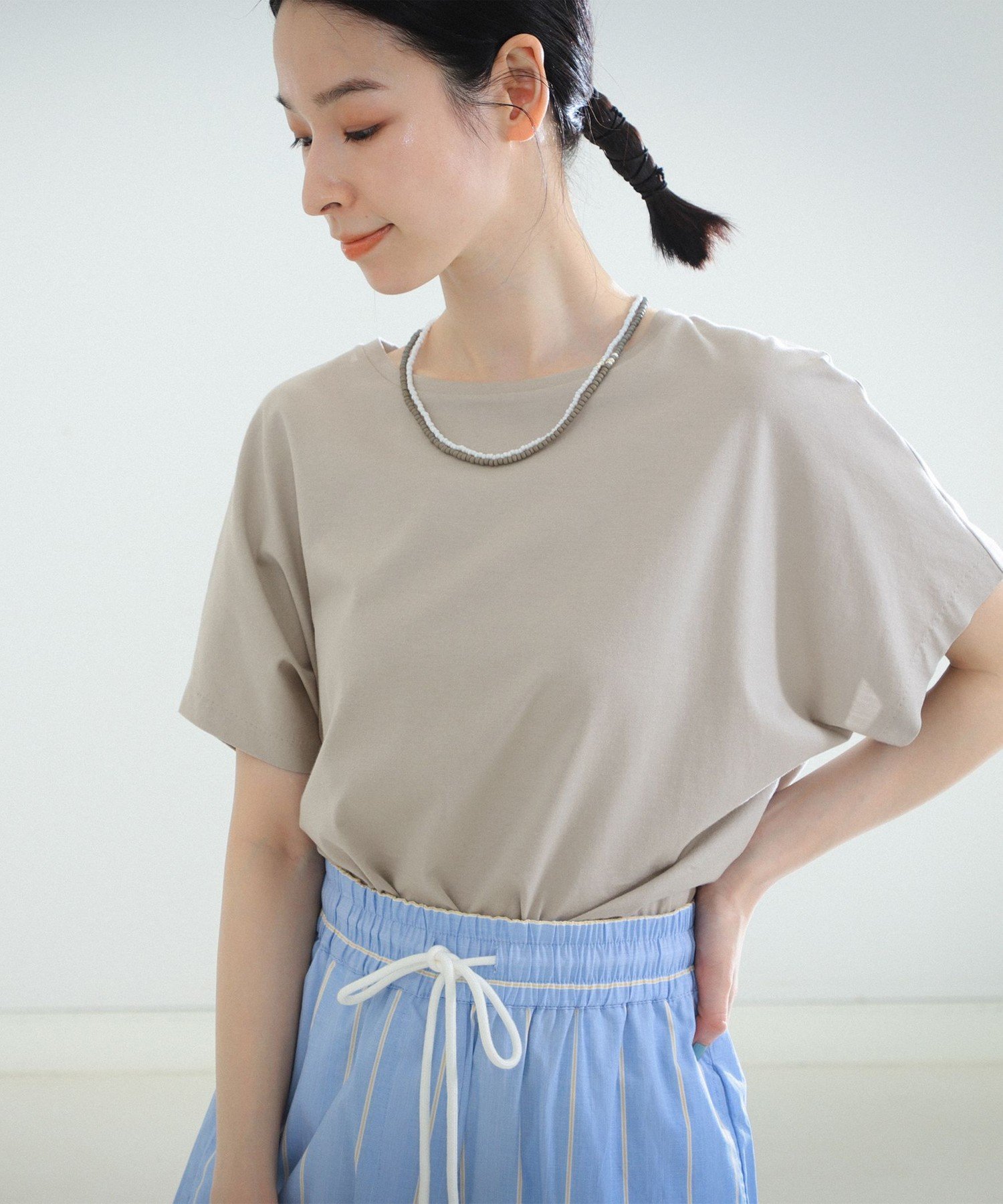 Demi-Luxe BEAMS ATON / スビンコットン キャップスリーブ Tシャツ デミルクス ビームス トップス カットソー・Tシャツ ネイビー ブラック ベージュ ホワイト ブルー【送料無料】