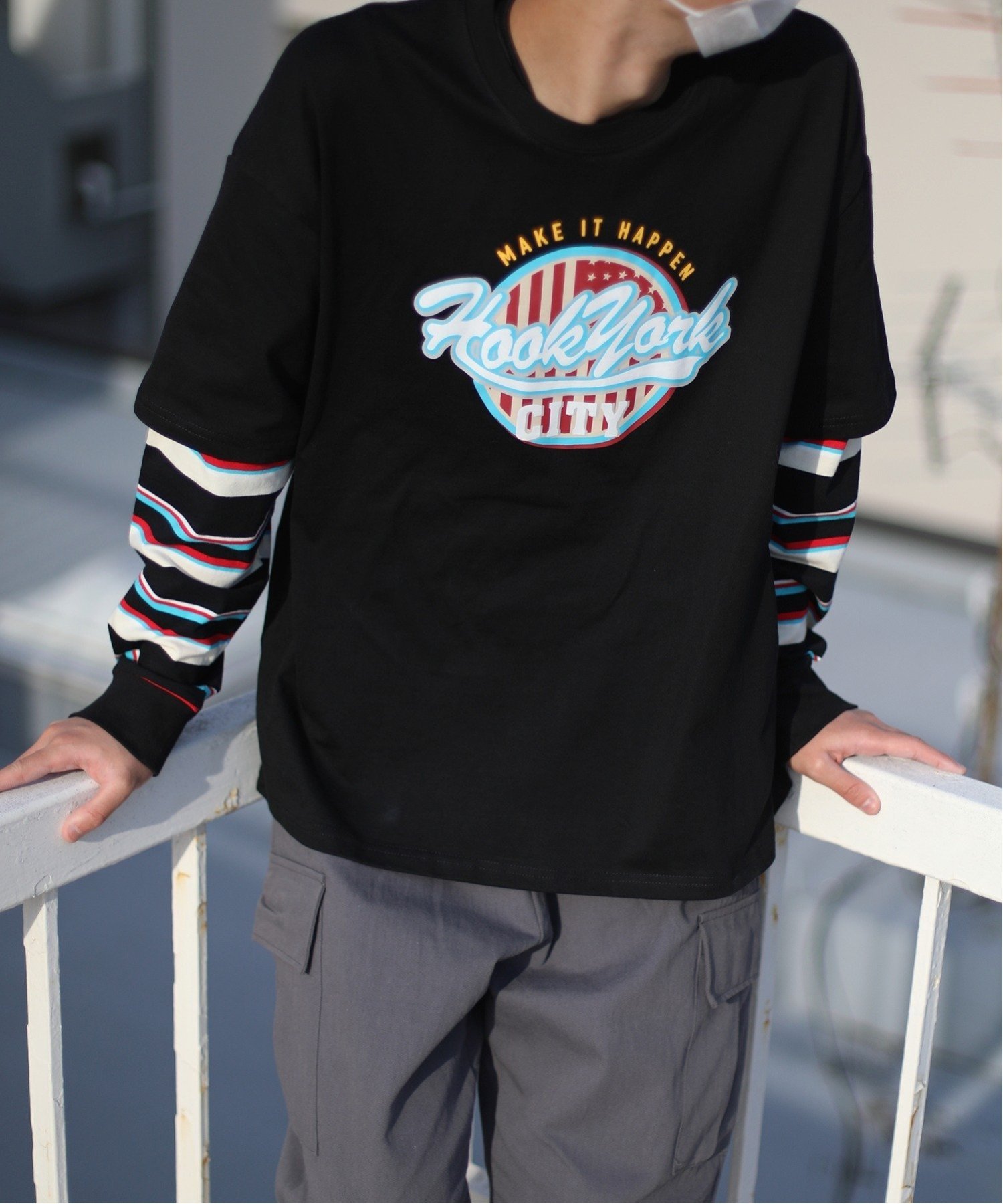 HOOK HOOK/(U)【HOOK -original-】アメカジロゴプリントボーダー袖切り替えロングTEE アイモハ トップス カットソー・Tシャツ ネイビー ブラック ベージュ グリーン