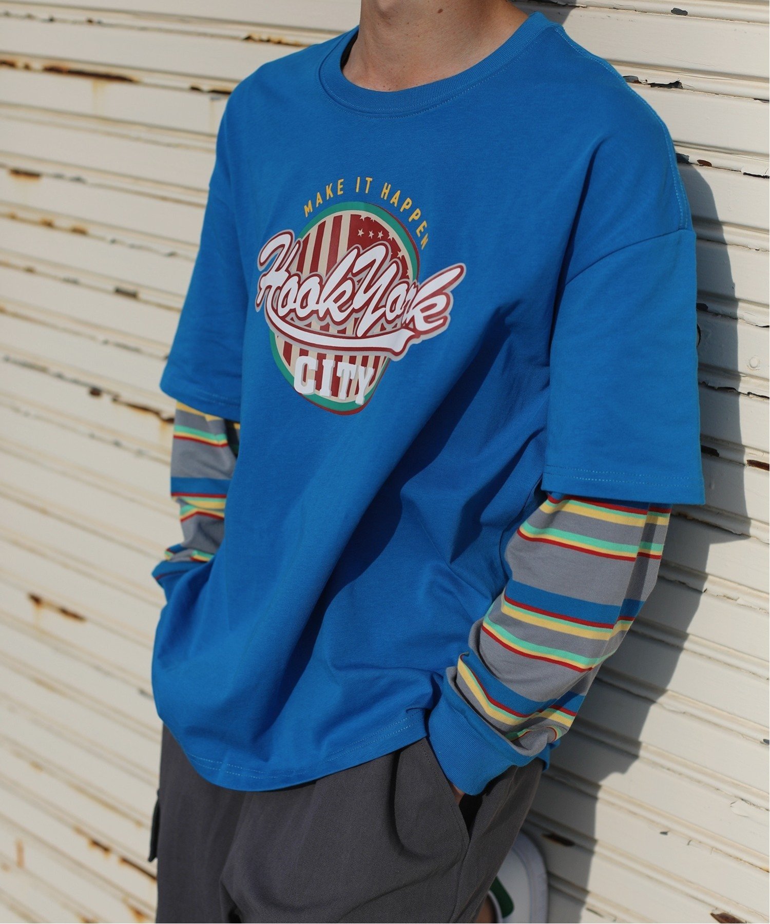 HOOK HOOK/(U)【HOOK -original-】アメカジロゴプリントボーダー袖切り替えロングTEE アイモハ トップス カットソー・Tシャツ ネイビー ブラック ベージュ グリーン