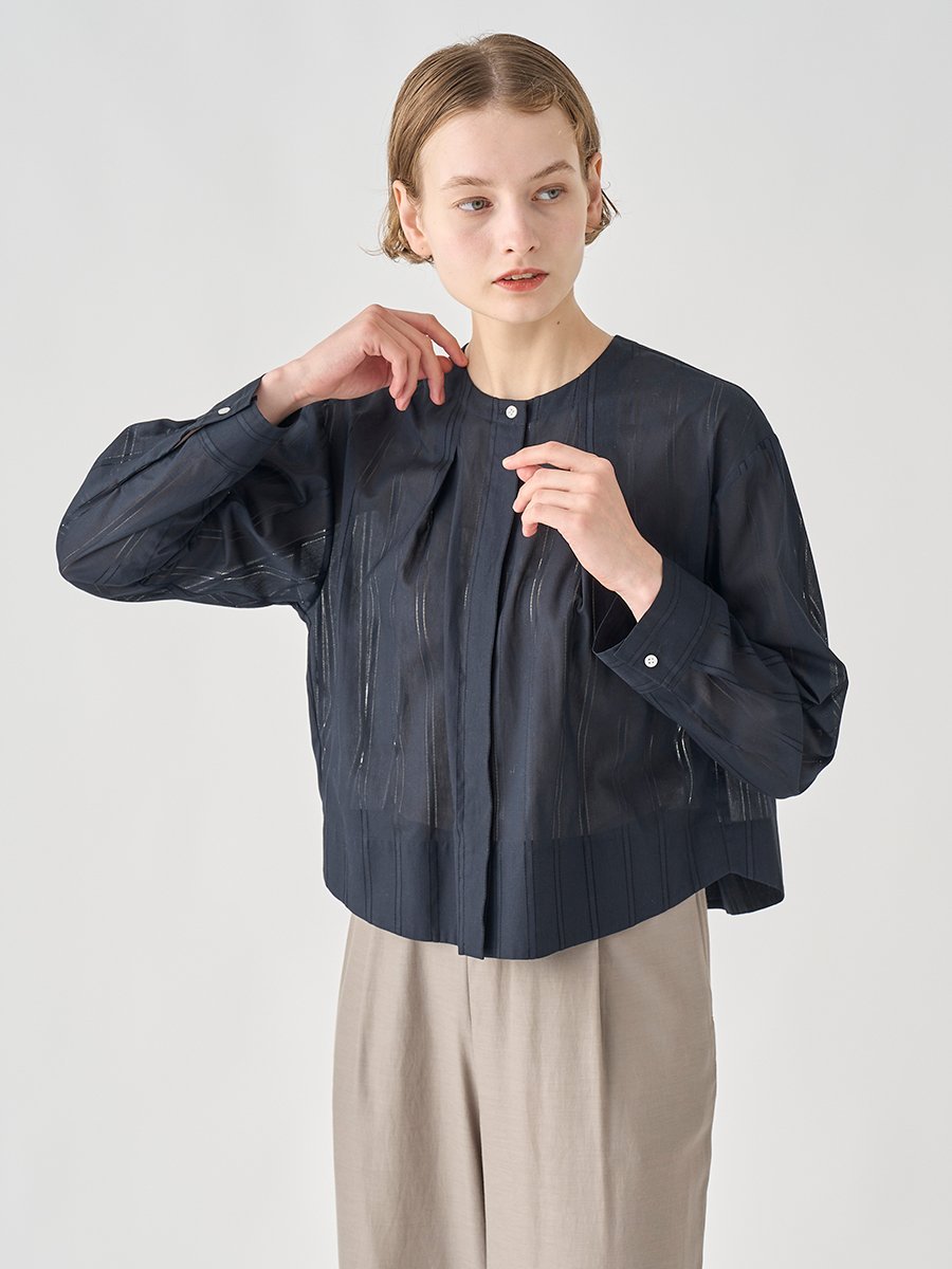 JOHN SMEDLEY コットンシアーストライプ 比翼ブラウス｜FB109 ジョンスメドレー トップス シャツ・ブラウス ネイビー【送料無料】