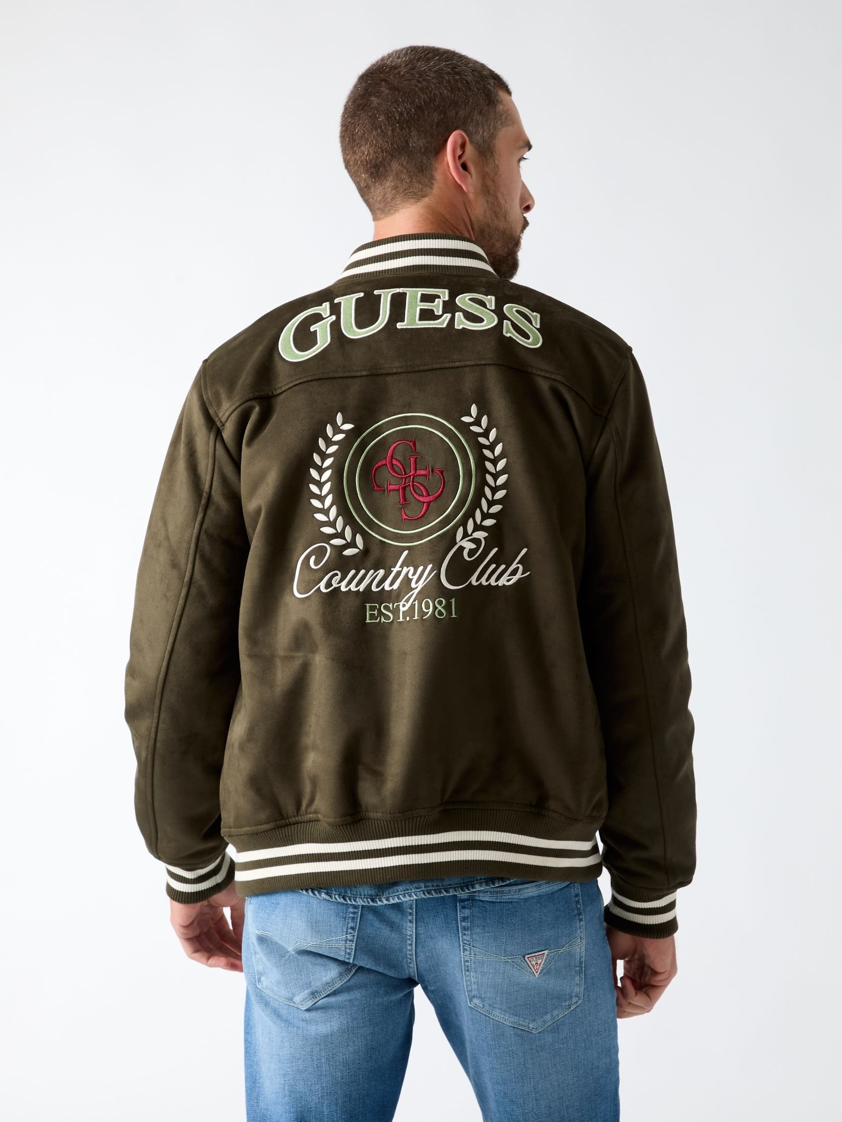 GUESS/(M)VARSITY Suede Jacket ゲス ジャケット・アウター スタジャン・スカジャン カーキグリーン