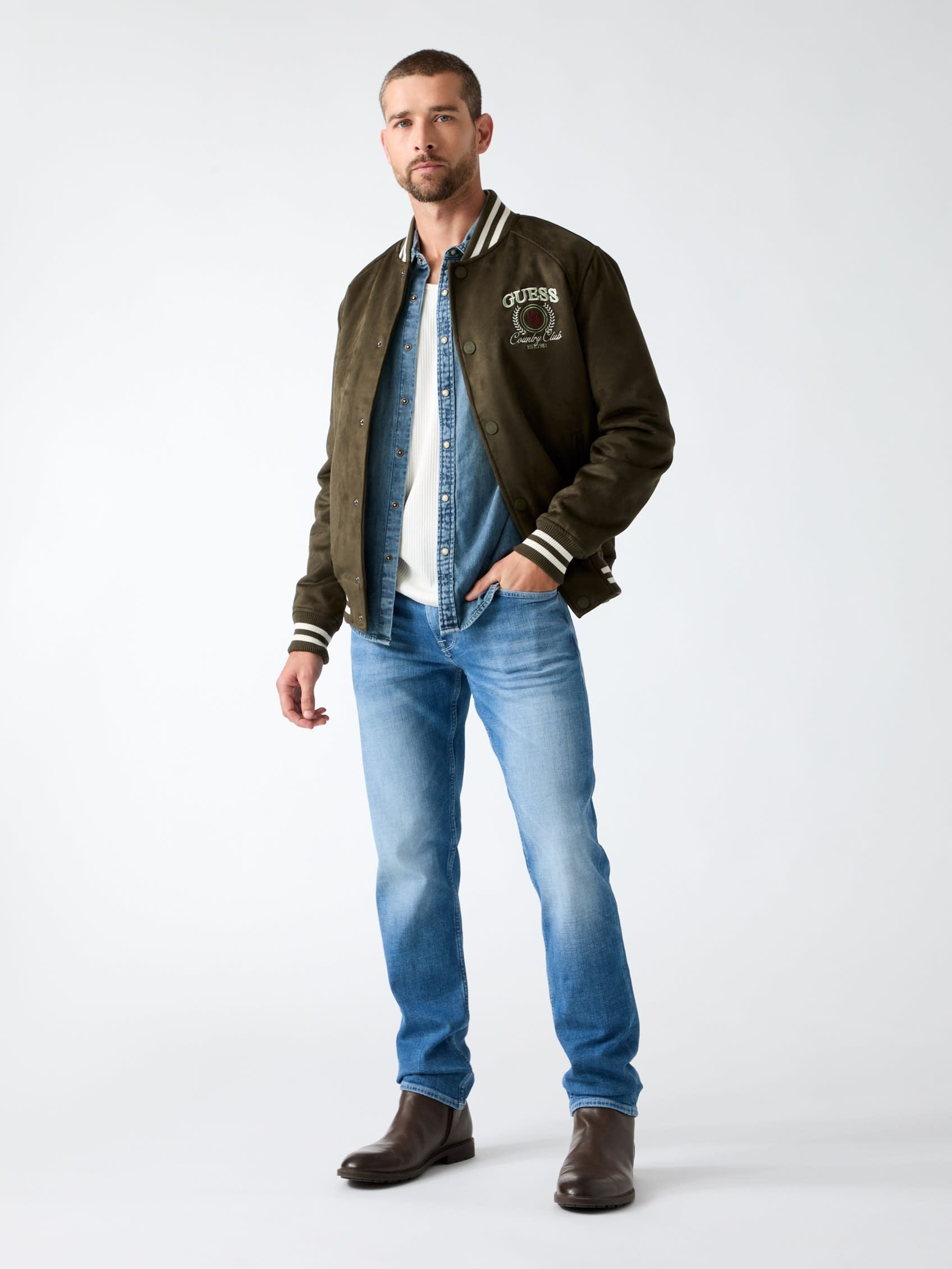 GUESS/(M)VARSITY Suede Jacket ゲス ジャケット・アウター スタジャン・スカジャン カーキグリーン