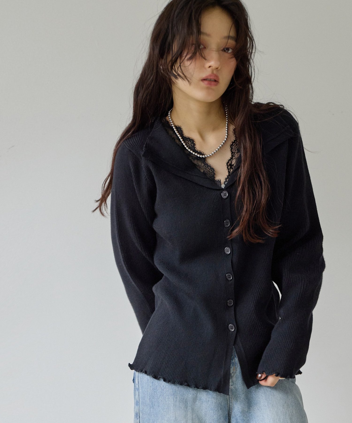 Discoat 【Noka】レースレイヤード風カーディガン《WEB限定》 ディスコート トップス カーディガン ベージュ ブラック グレー ブルー【送料無料】