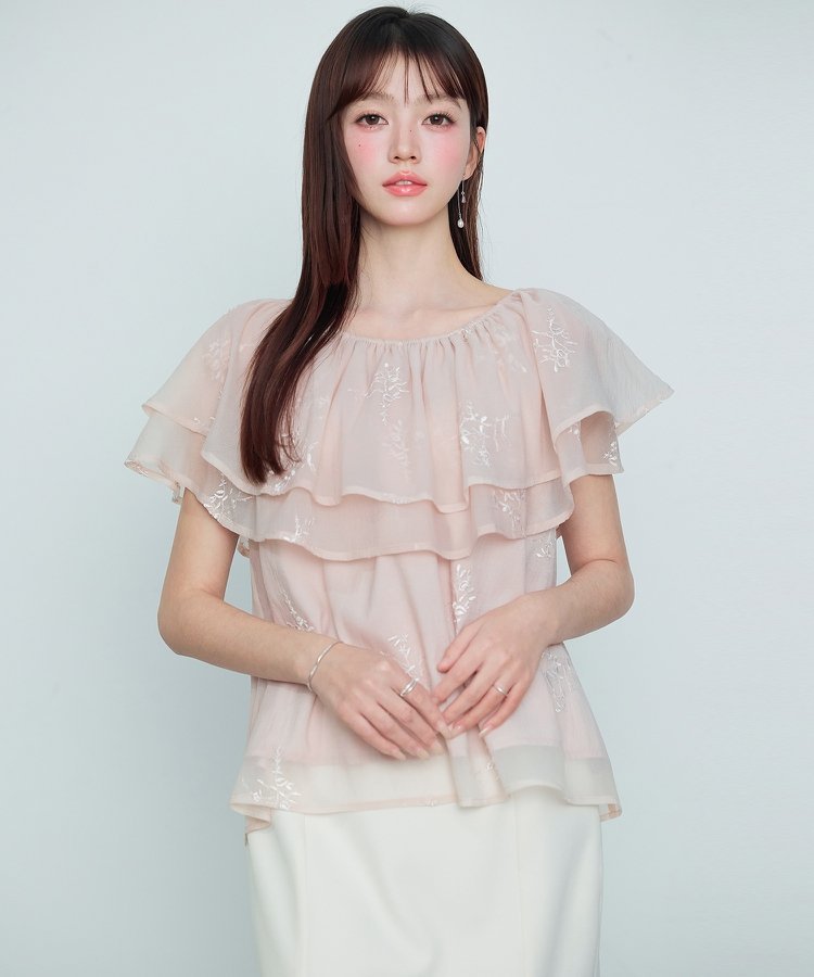 SAISON DE PAPILLON 刺入りオーガンジーフリルブラウス セゾン・ド・パピヨン トップス シャツ・ブラウス ピンク ホワイト