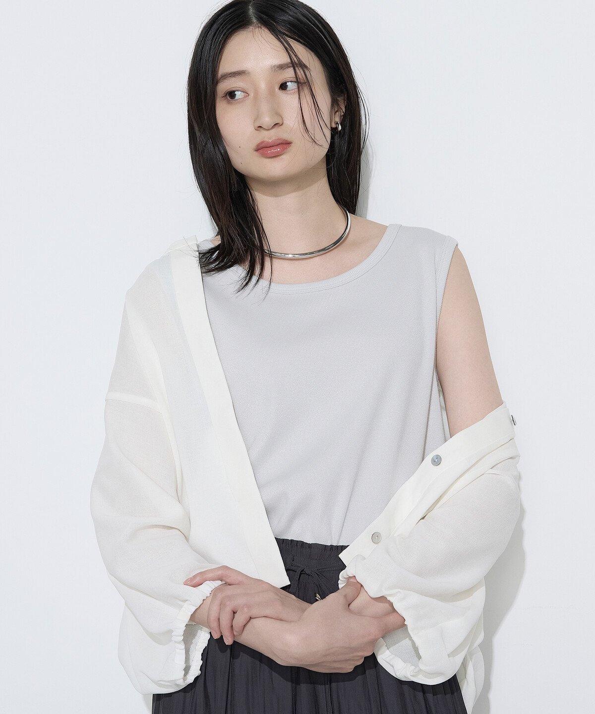 K.T KIYOKO TAKASE スパークナイロンテレコ 2WAYタンクトップ コムサ トップス ノースリーブ・タンクトップ ホワイト ブルー ベージュ ブラック グレー