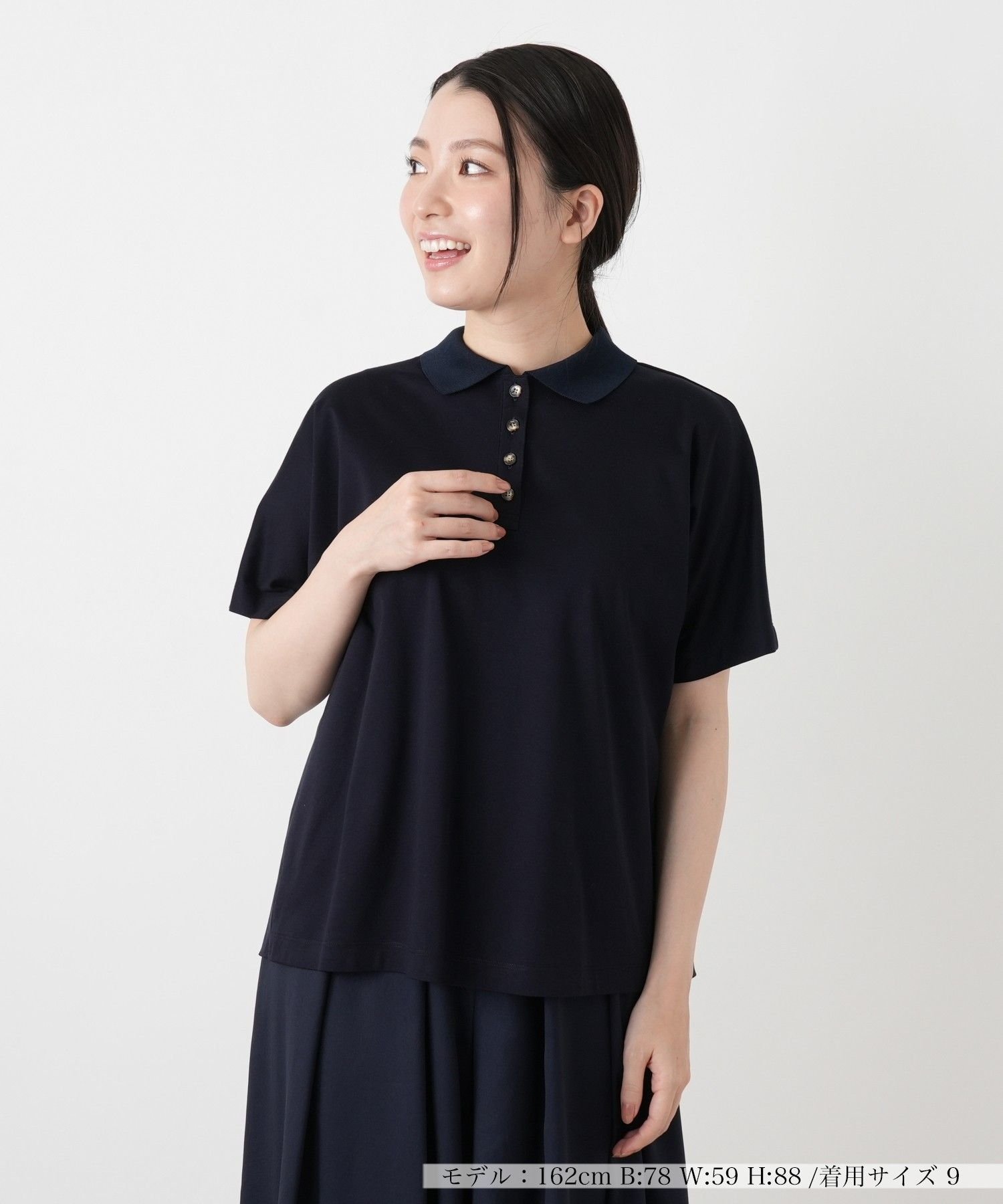 【SALE／50%OFF】Leilian 異素材切替ポロシャツ レリアン トップス ポロシャツ ネイビー ホワイト【送料無料】