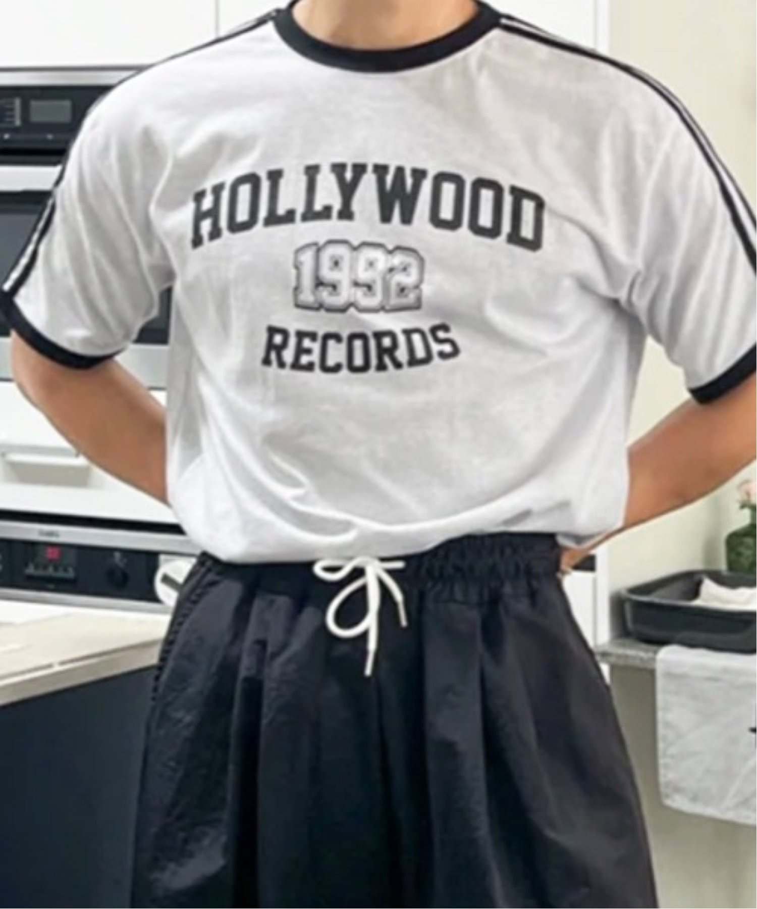 NOWLE NOWLE/(M)カレッジグラフィック リンガー半袖Tシャツ / レトロスポーツライン ハリウッドレコード トップス チェルカ トップス カットソー・Tシャツ グレー