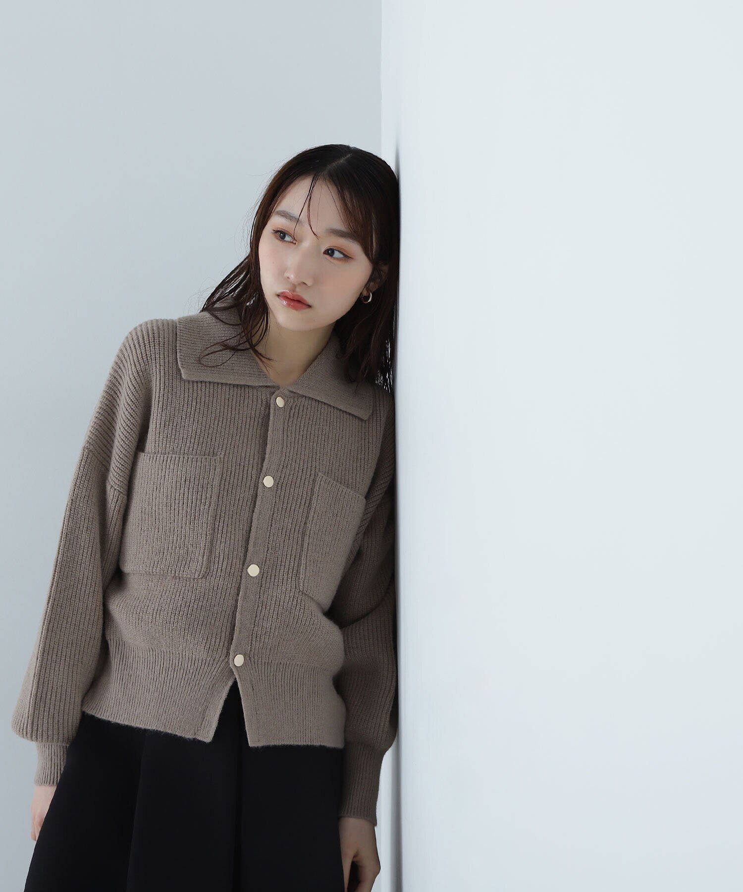 NATURAL BEAUTY BASIC 襟付ニットジャケット ナチュラルビューティベーシック トップス カーディガン ベージュ ネイビー ブルー【送料無料】のサムネイル