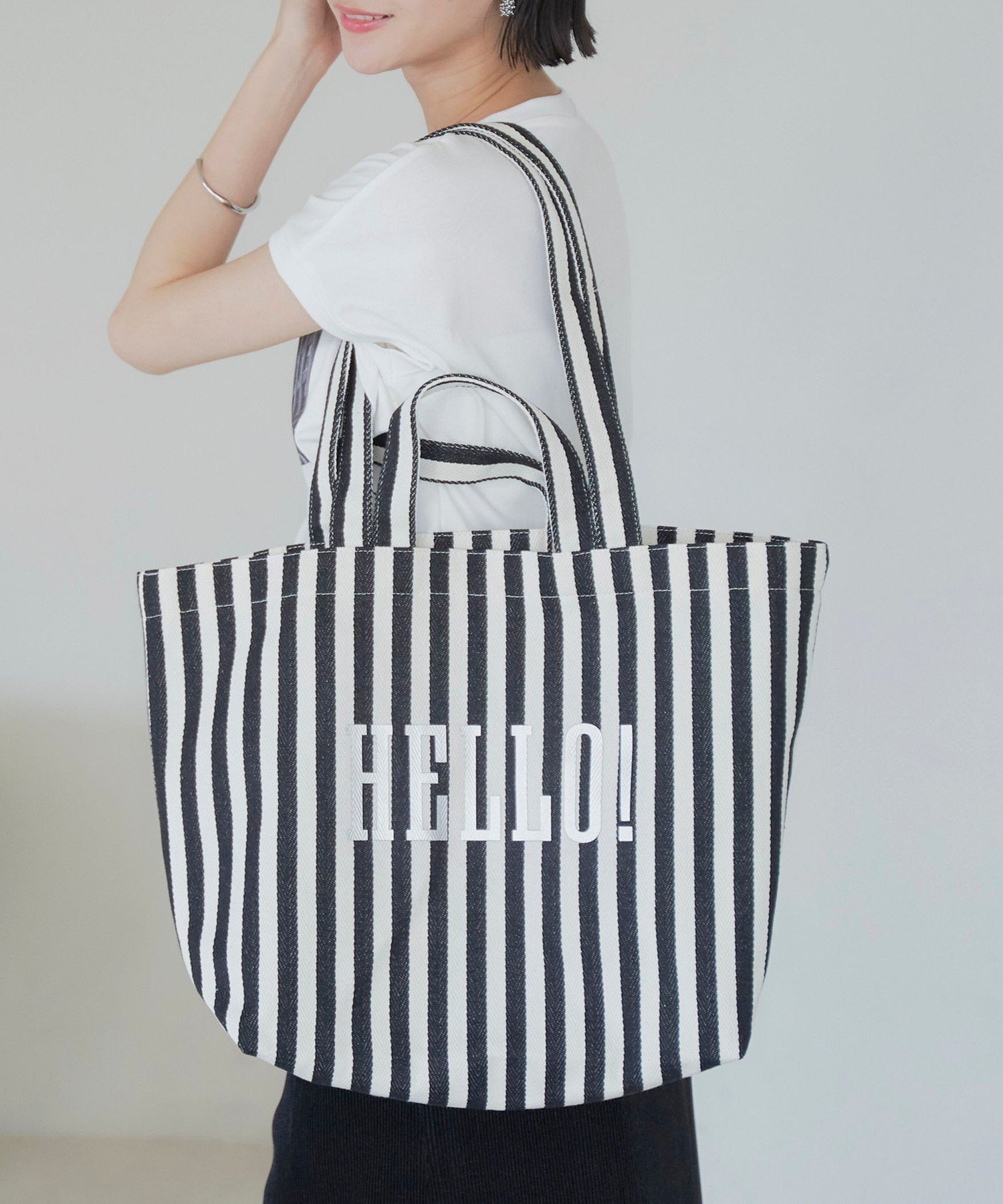 【SALE／15%OFF】coen HELLO ストライプビッグトートバッグ コーエン バッグ トートバッグ ブラック レッド