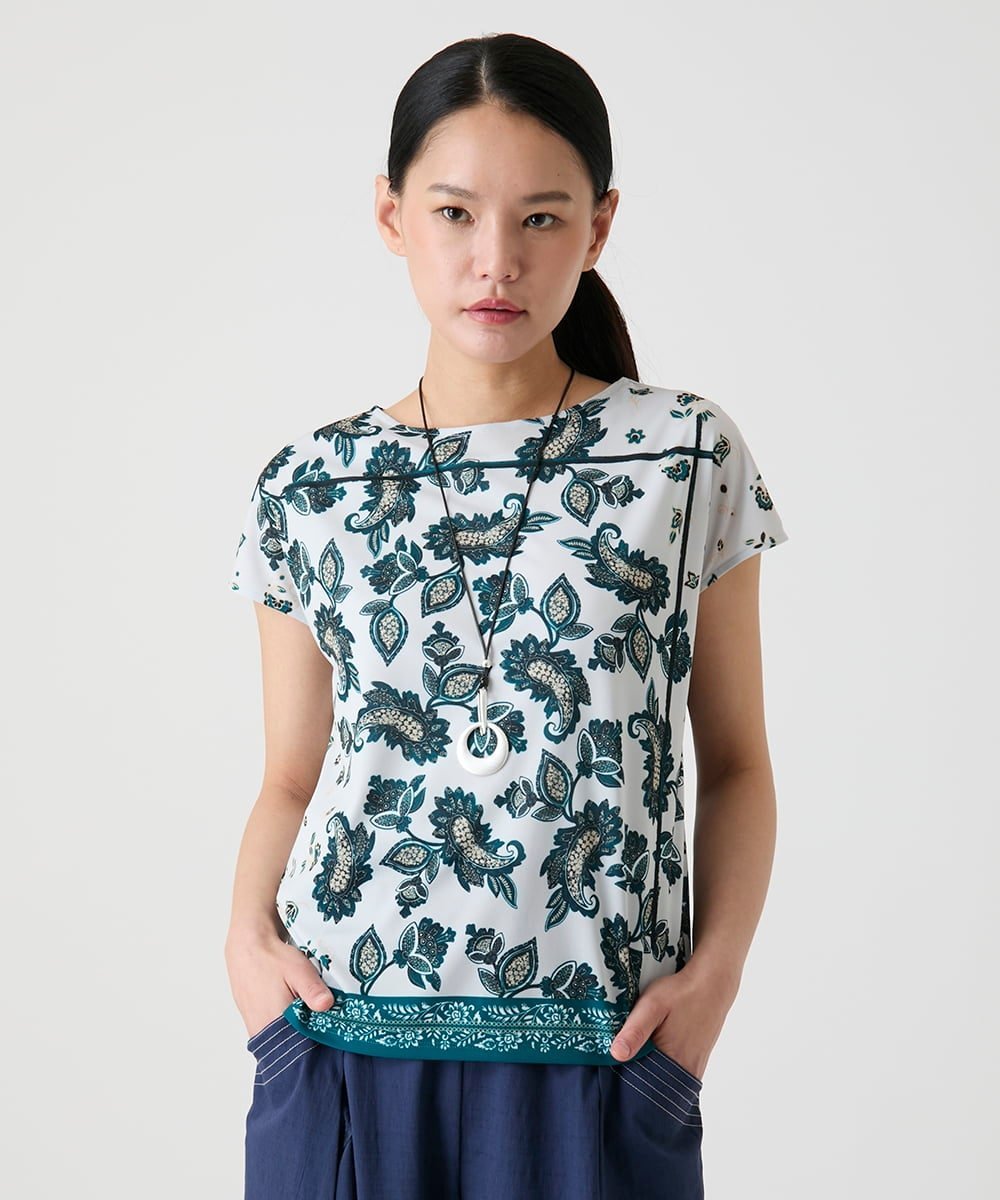 HIROKO BIS（小さいサイズ） 【小さいサイズ】ペイズリー柄フレンチスリーブカットソー メゾンドゥサンク トップス カットソー・Tシャツ ブルー カーキグリーン