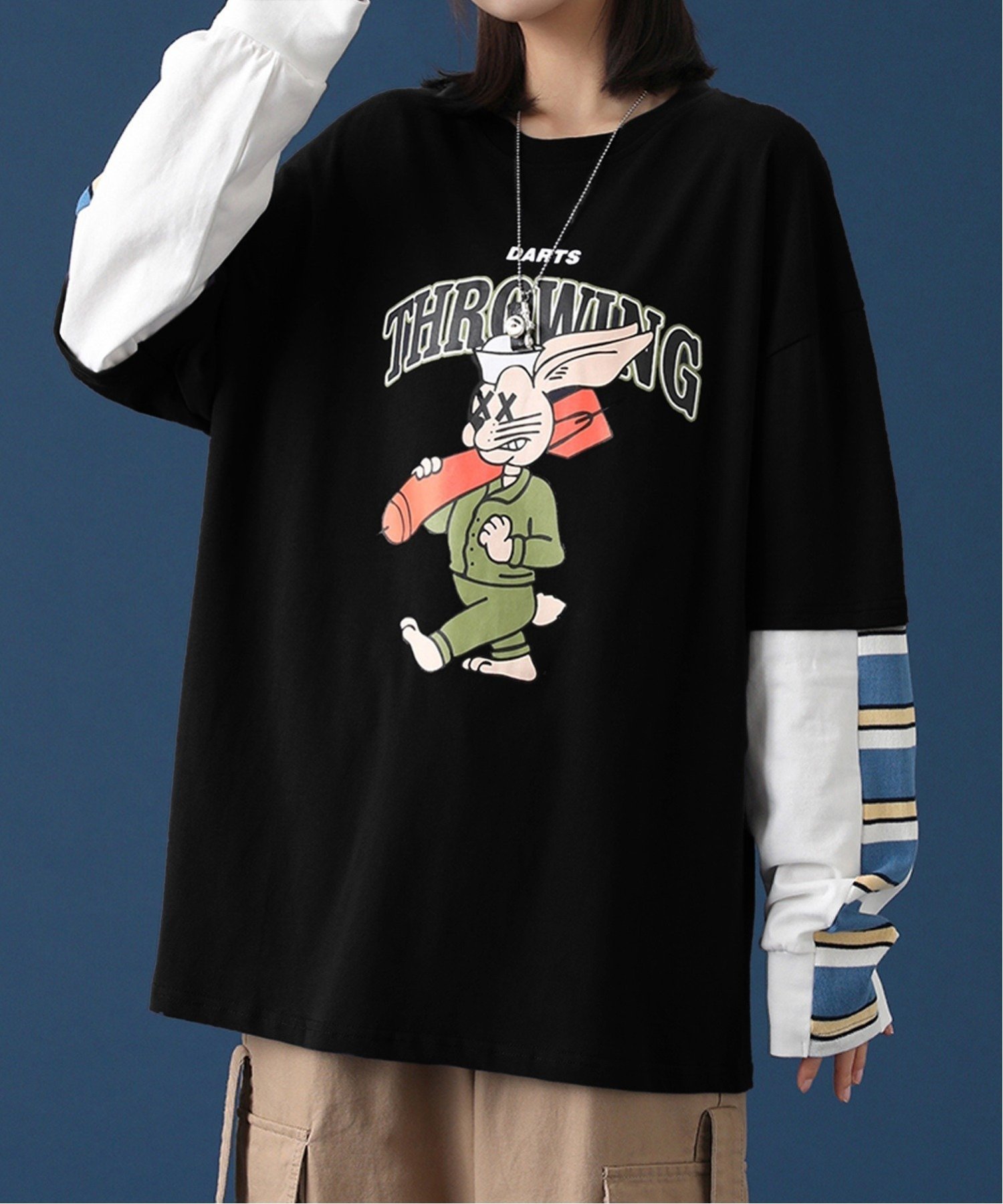 HOOK HOOK/(U)【HOOK】重ね着風長袖TEE ラビットプリント アイモハ トップス カットソー・Tシャツ グレー ブルー グリーン レッド ブラック ベージュ