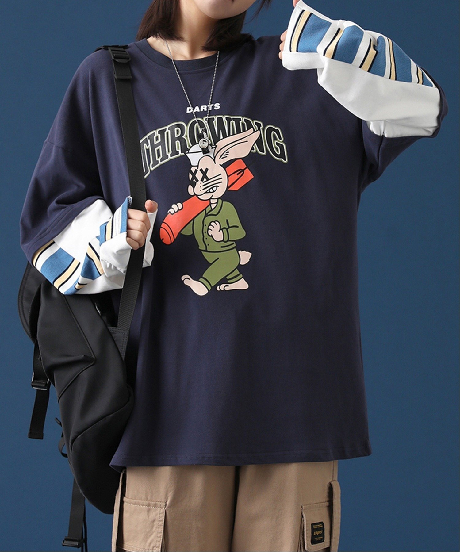 HOOK HOOK/(U)【HOOK】重ね着風長袖TEE ラビットプリント アイモハ トップス カットソー・Tシャツ グレー ブルー グリーン レッド ブラック ベージュ