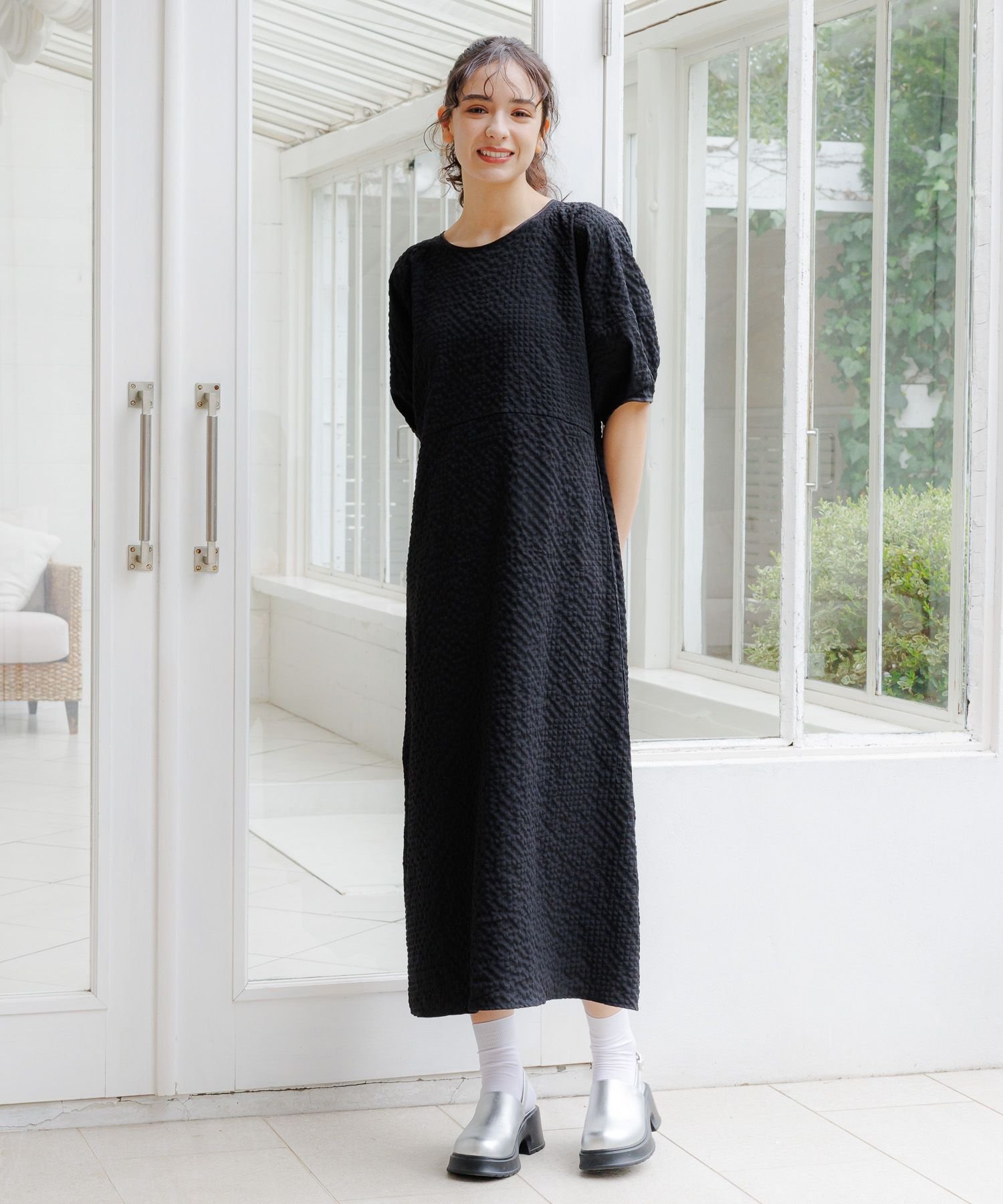 【SALE/7%OFF】LAKOLE ランタンスリーブチェックワンピース ラコレ ワンピース・ドレス ワンピース グリーン ベージュ ブラック【送料無料】