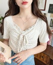 moment+ ドットプリントフロントレースギャザーリボントップス モーメントプラス トップス カットソー・Tシャツ ブラック グレー ホワイト