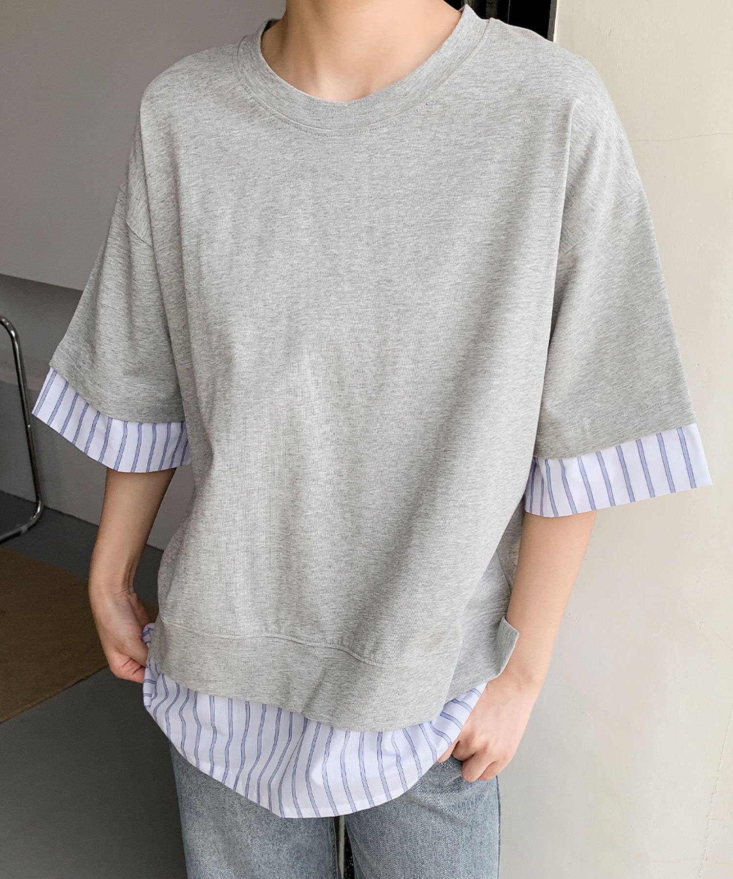 LOWO 【綿100%使用】レイヤード風ストライプシャツドッキングTシャツ カットソー リバーフィールド アンド コー トップス カットソー・Tシャツ グレー