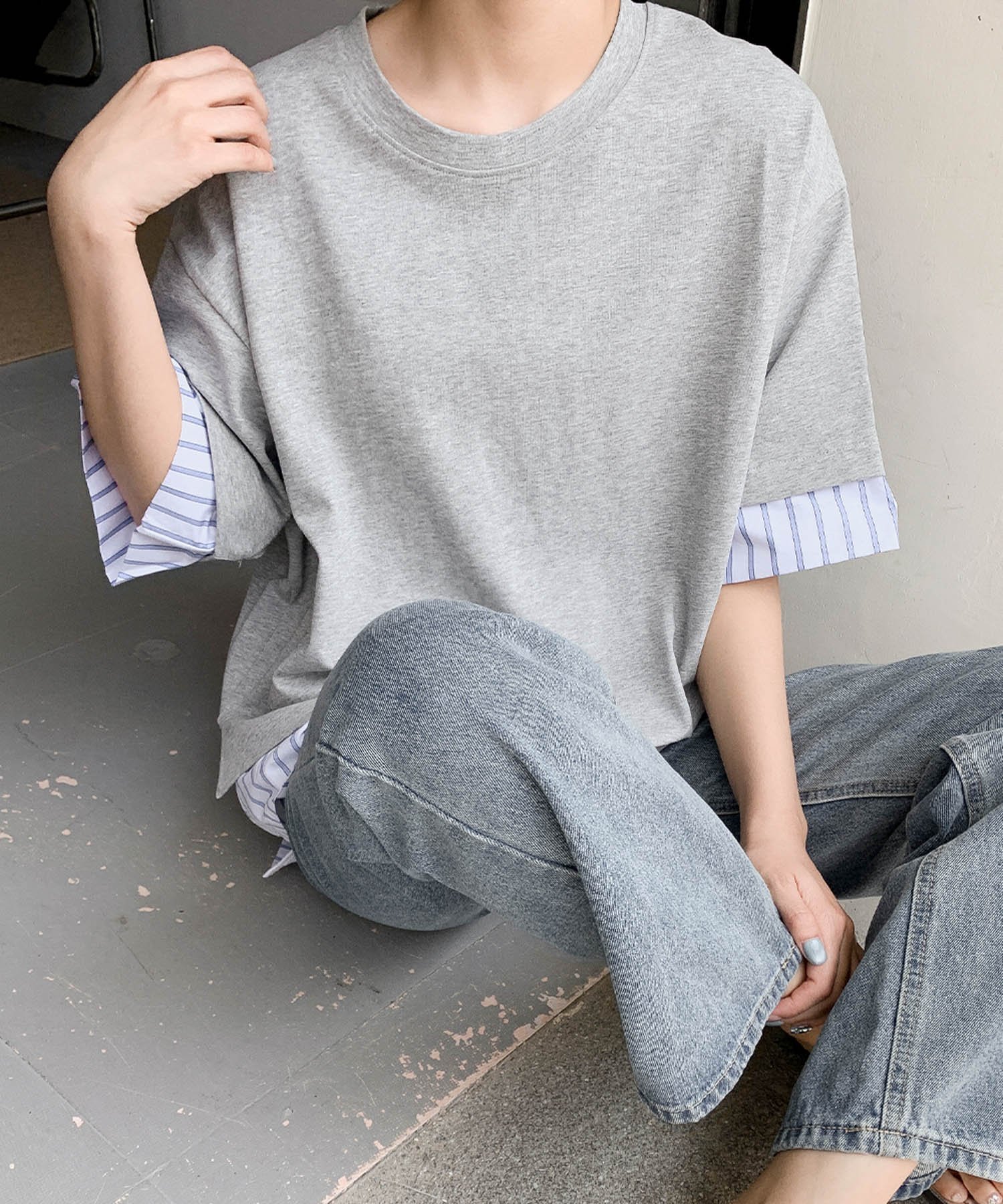 LOWO 【綿100%使用】レイヤード風ストライプシャツドッキングTシャツ カットソー リバーフィールド アンド コー トップス カットソー・Tシャツ グレー