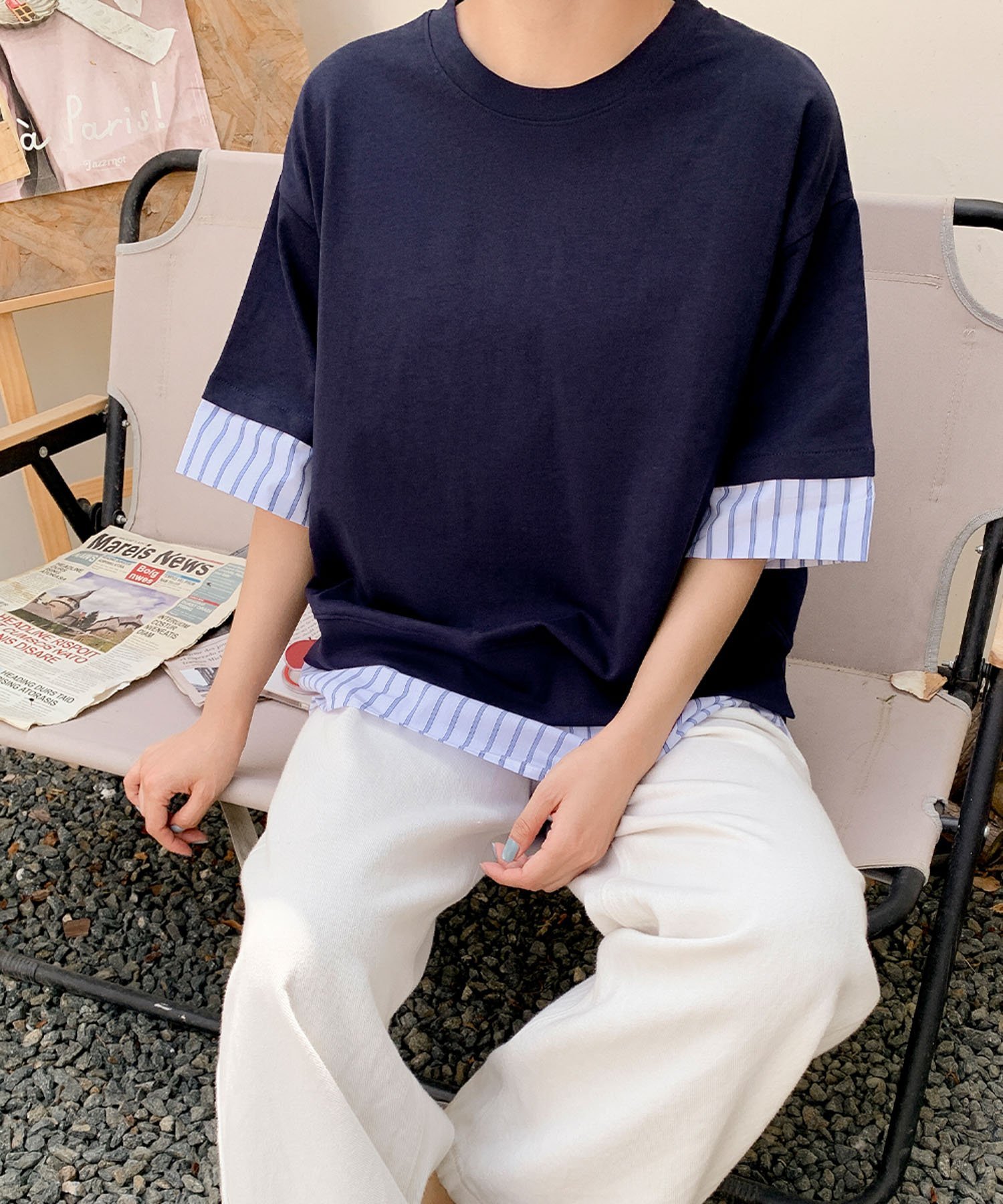 LOWO 【綿100%使用】レイヤード風ストライプシャツドッキングTシャツ カットソー リバーフィールド アンド コー トップス カットソー・Tシャツ グレー