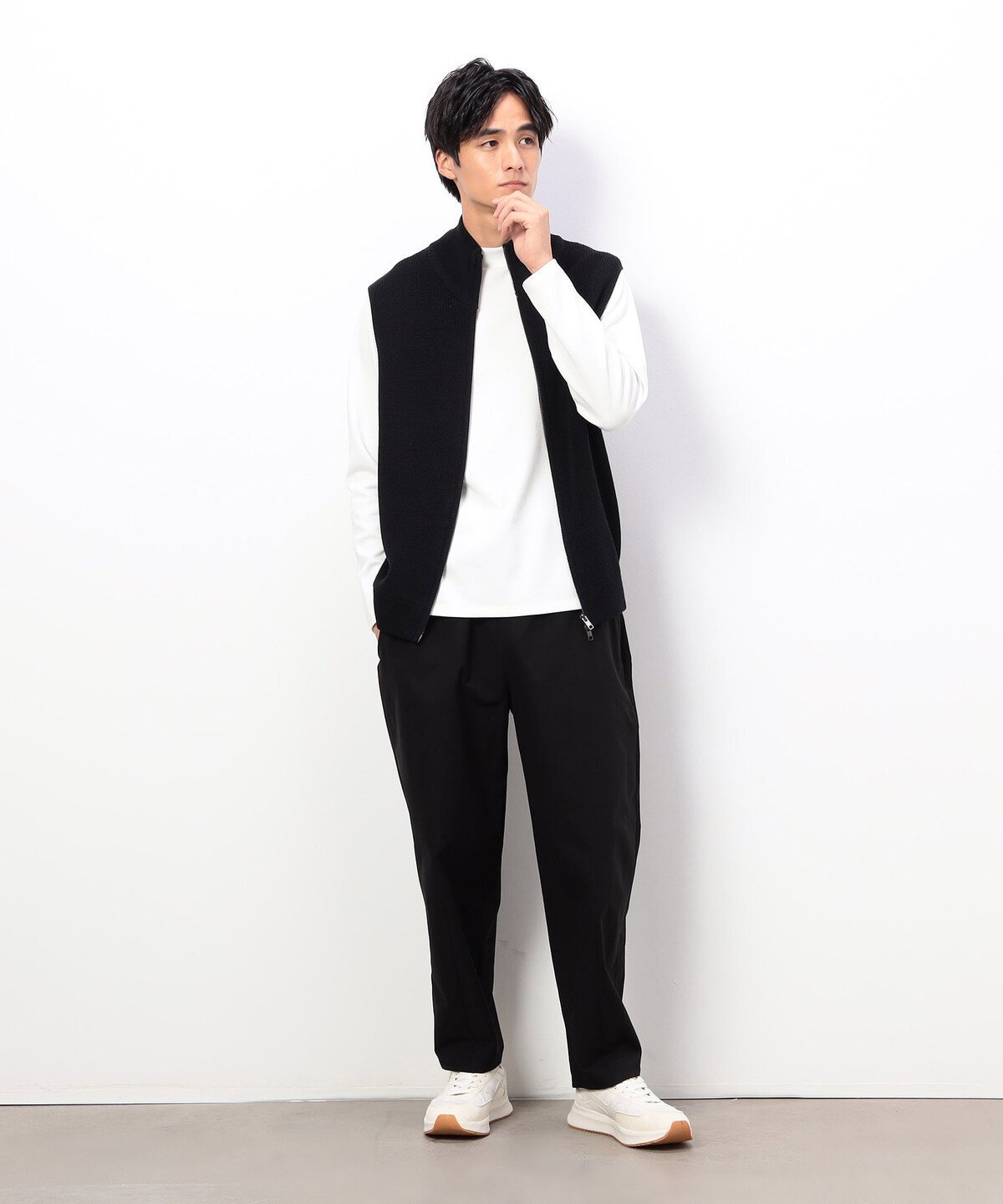 COMME CA ISM 抗菌加工 スムース モックネックTシャツ コムサイズム トップス カットソー・Tシャツ ホワイト ブラック