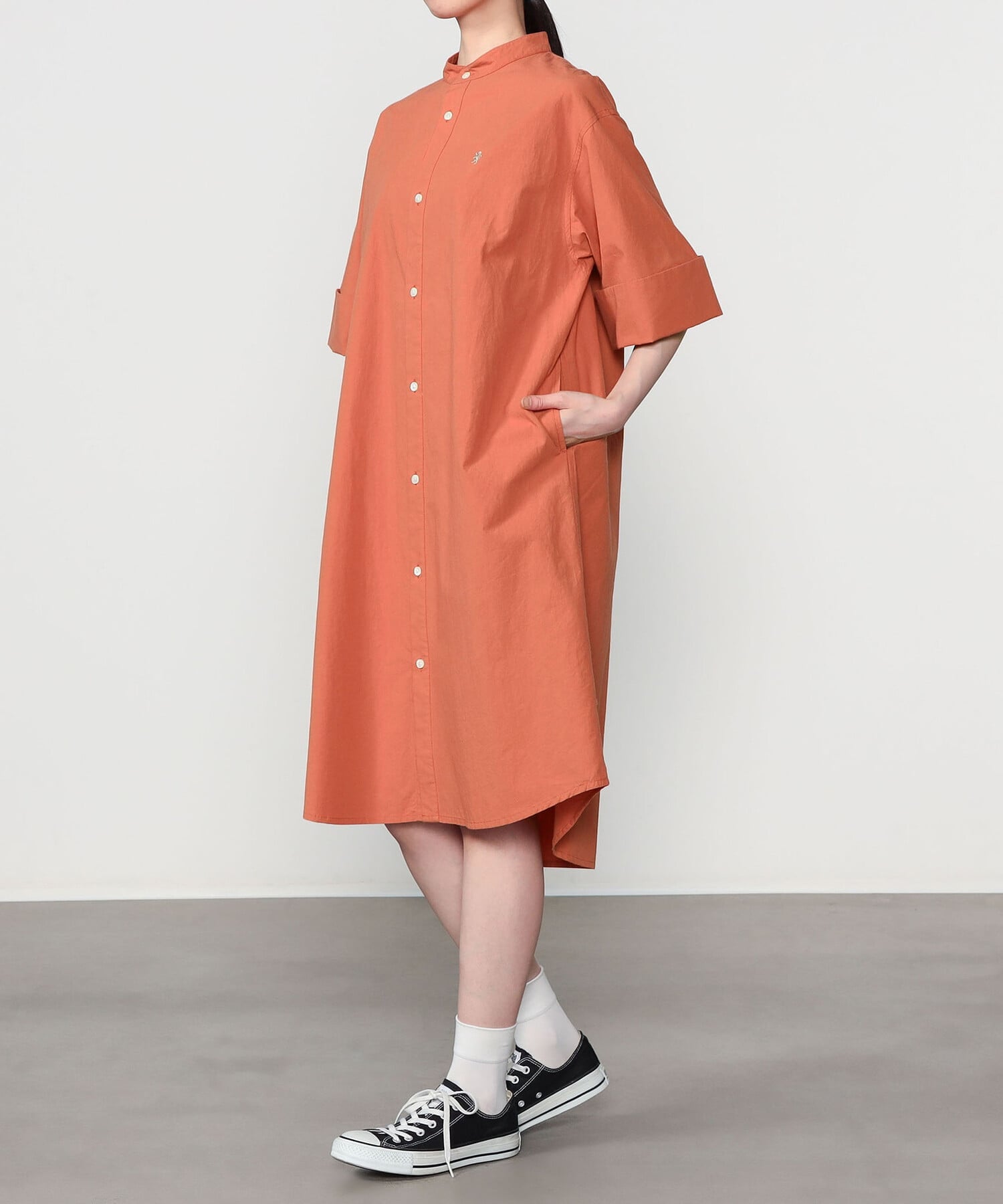 Bshop Gymphlex ｜ コットンタイプライター スタンドカラーシャツワンピース WOMEN ビショップ ワンピース・ドレス ワンピース オレンジ ブラック