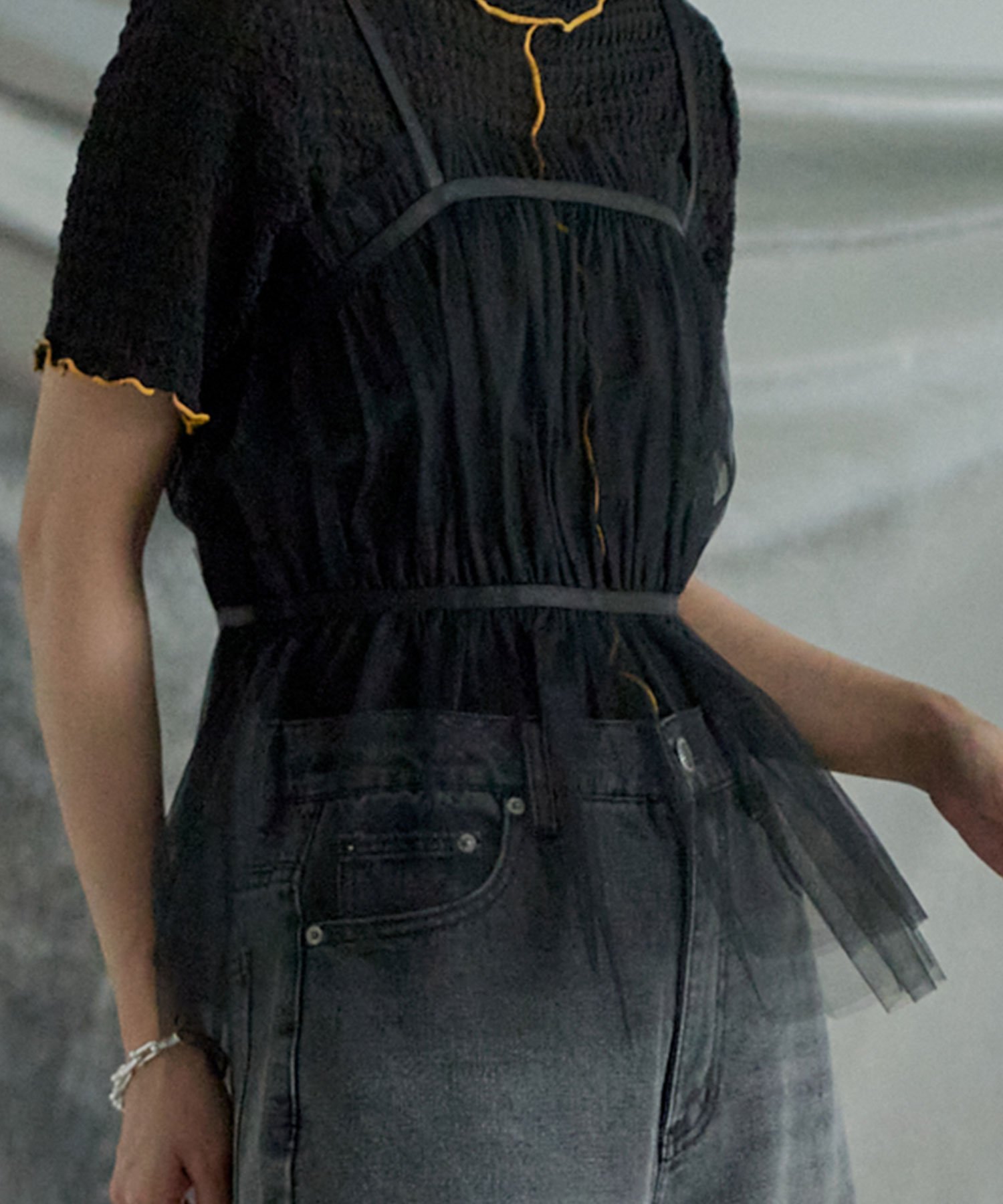 miette チュール ギャザー ビスチェ シアー トップス デザイントップス キャミソール ティティベイト トップス カットソー・Tシャツ ブラック