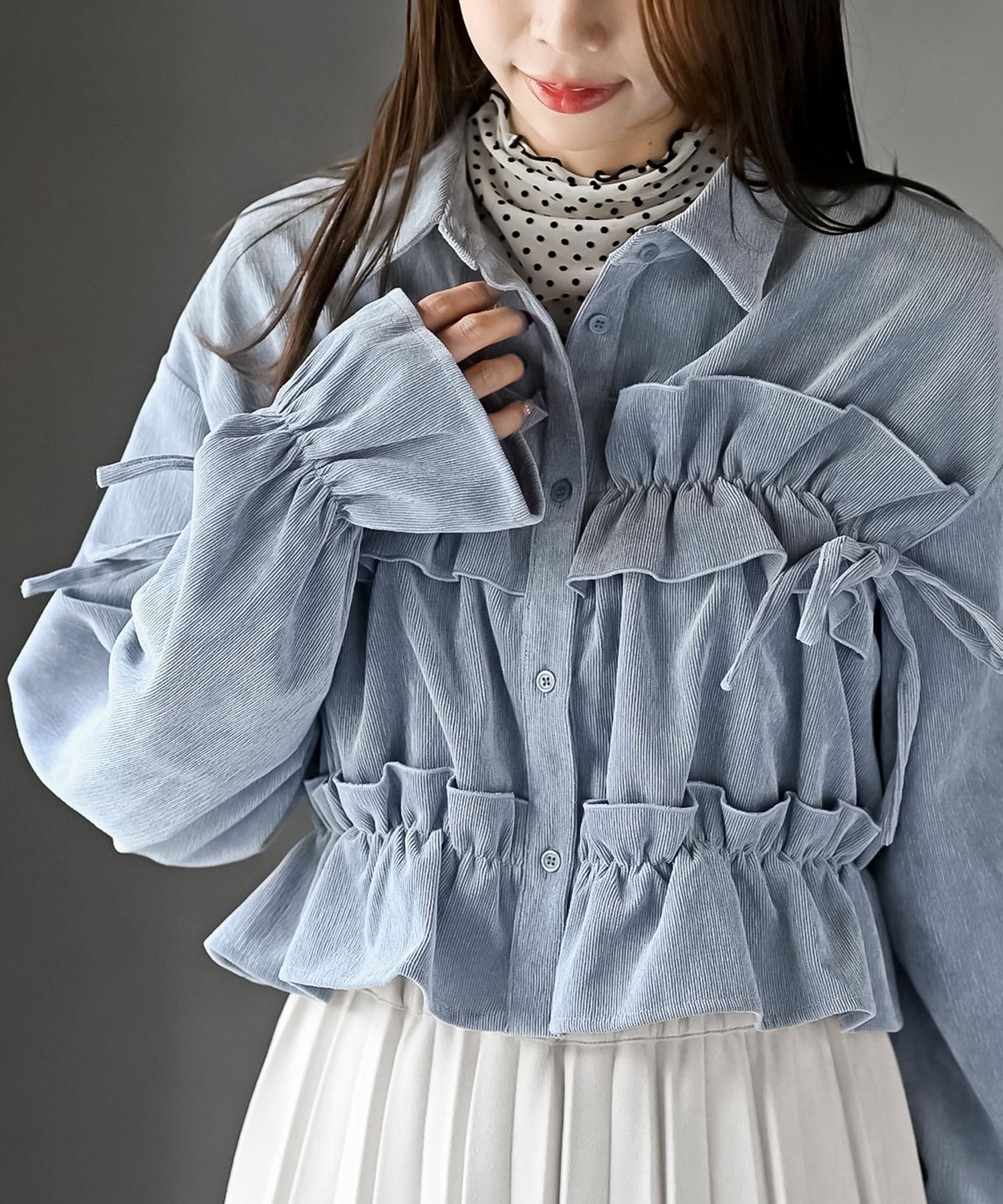 rps フリルリボンコーデュロイキャンディ袖ブラウス アールピーエス トップス シャツ・ブラウス ホワイ..