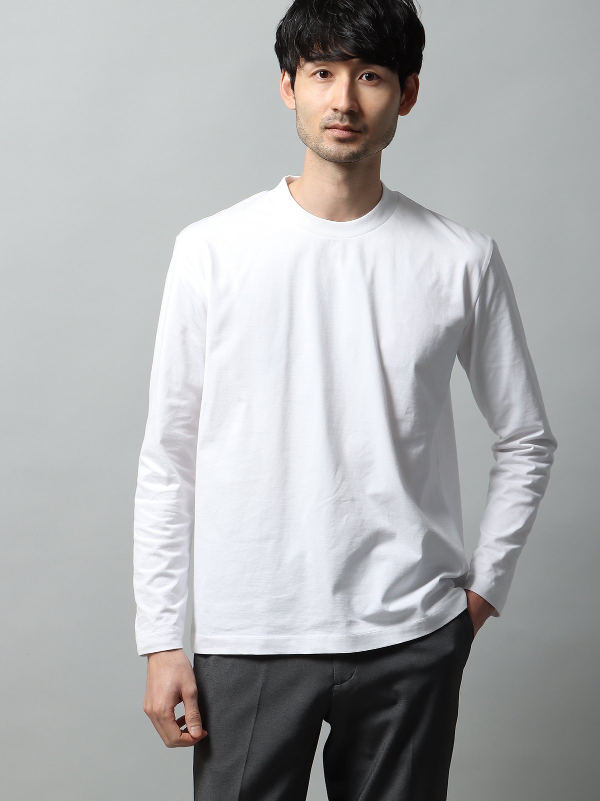 SUIT SQUARE クルーネックTシャツ 長袖 ウォッシャブル ガス焼きコットン天竺 無地 スーツ スクエア トップス カットソー・Tシャツ ホワイト