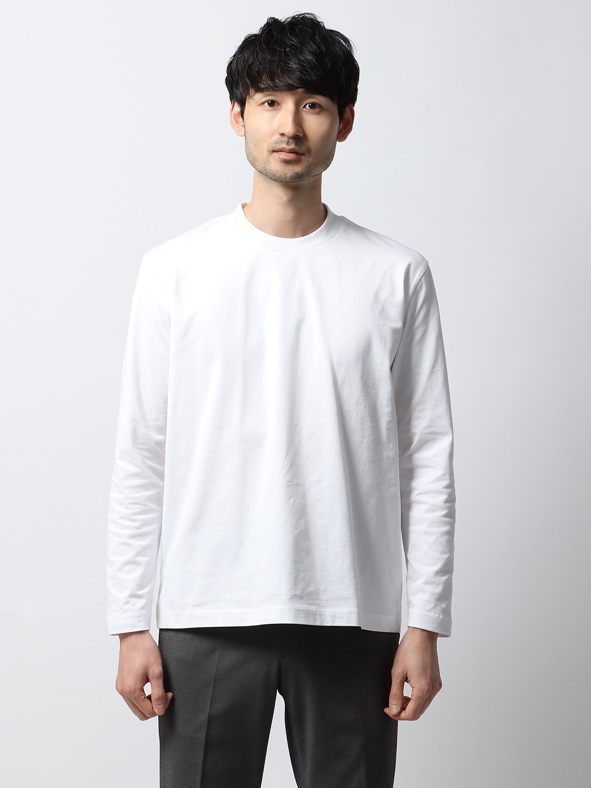SUIT SQUARE クルーネックTシャツ 長袖 ウォッシャブル ガス焼きコットン天竺 無地 スーツ スクエア トップス カットソー・Tシャツ ホワイト
