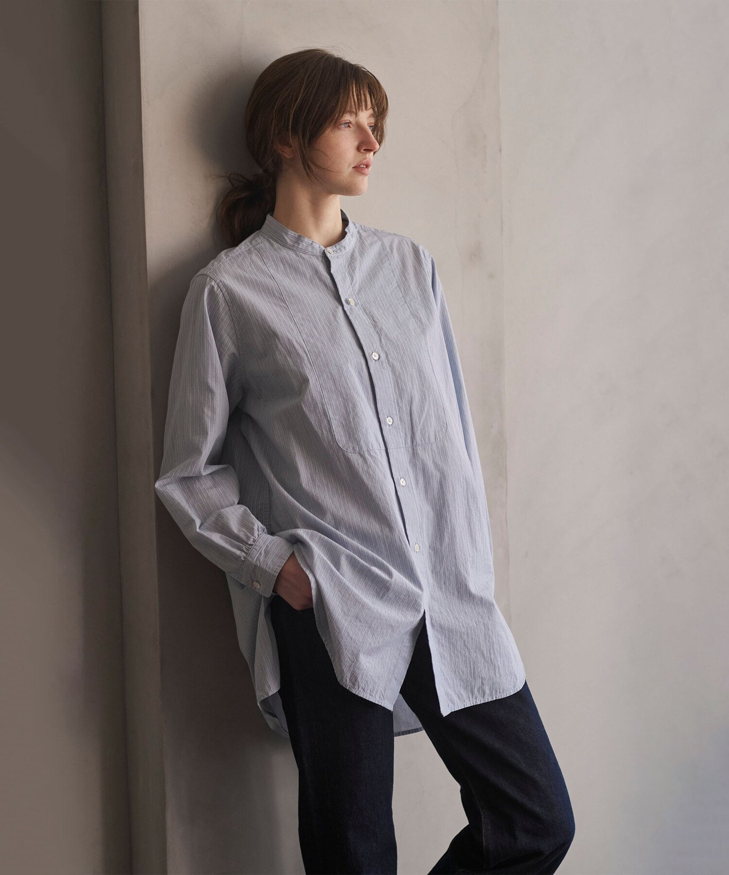 Bshop INDIA INDUSTRY ｜ コットン バンドカラーブザムチュニックシャツ STRIPE WOMEN ビショップ トップス シャツ・ブラウス ブルー