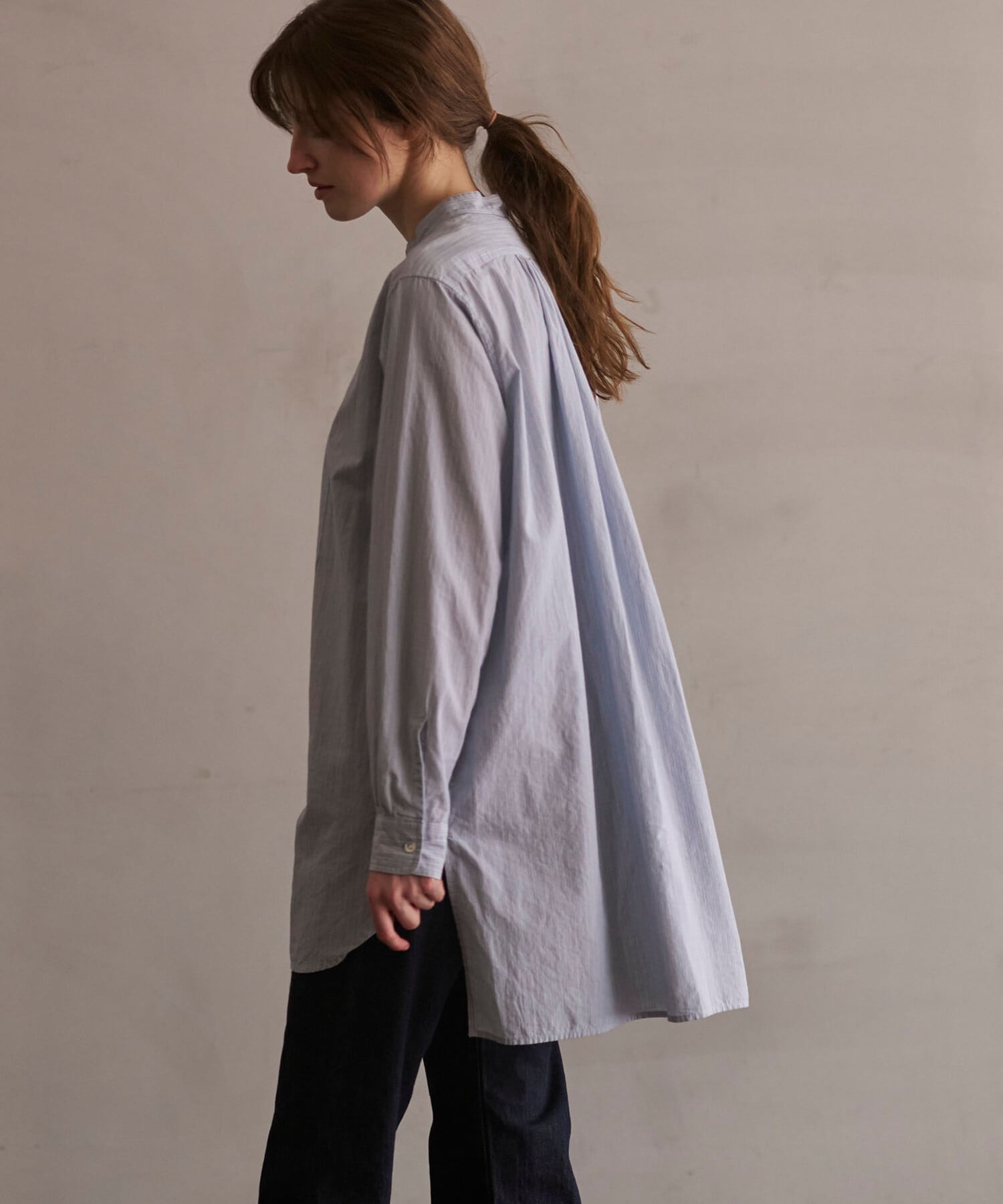 Bshop INDIA INDUSTRY ｜ コットン バンドカラーブザムチュニックシャツ STRIPE WOMEN ビショップ トップス シャツ・ブラウス ブルー