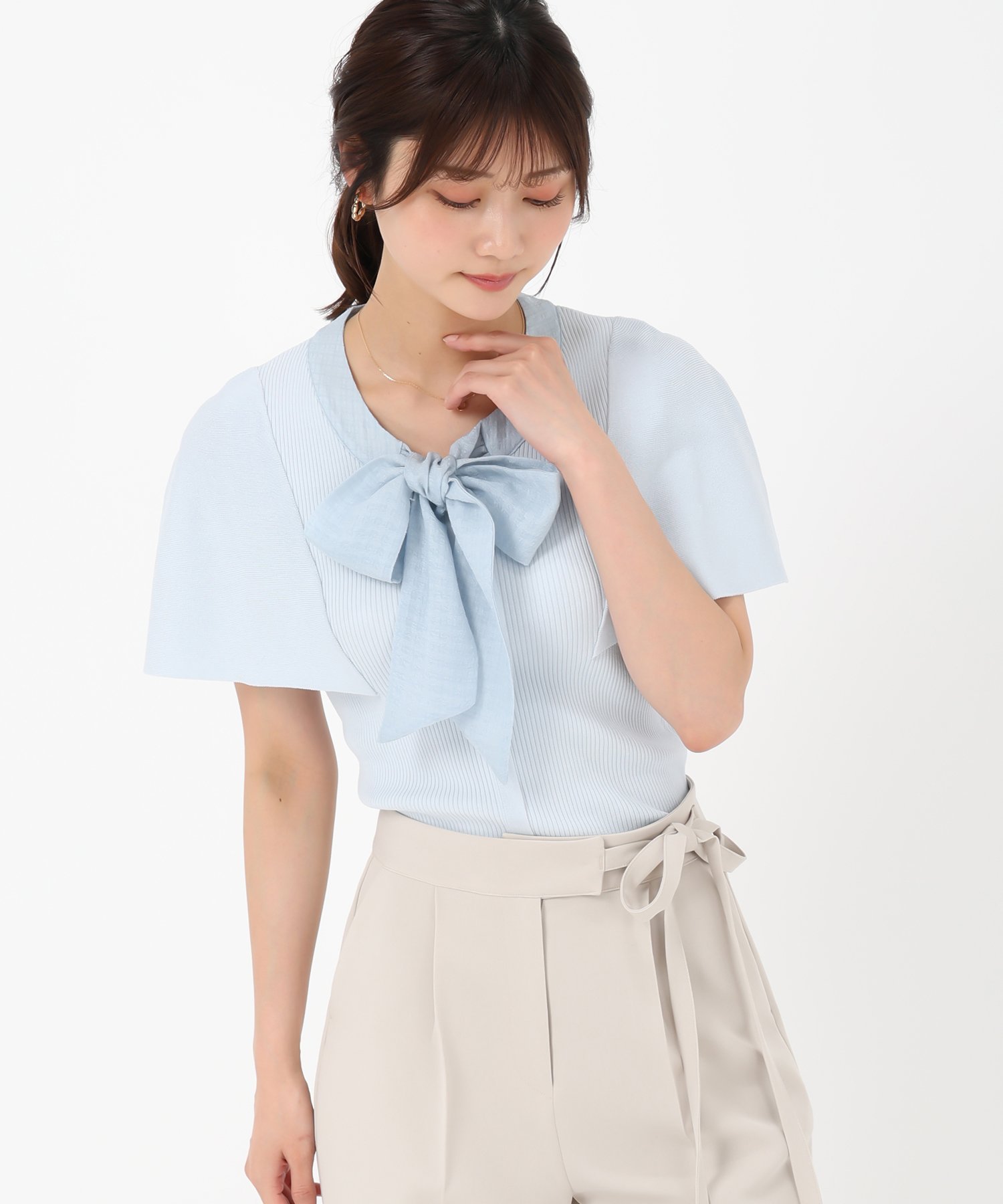 MISCH MASCH 2025SS ボウタイケープ袖ニット/MM528306 ミッシュマッシュ トップス ニット イエロー ホワイト ブルー【送料無料】のサムネイル