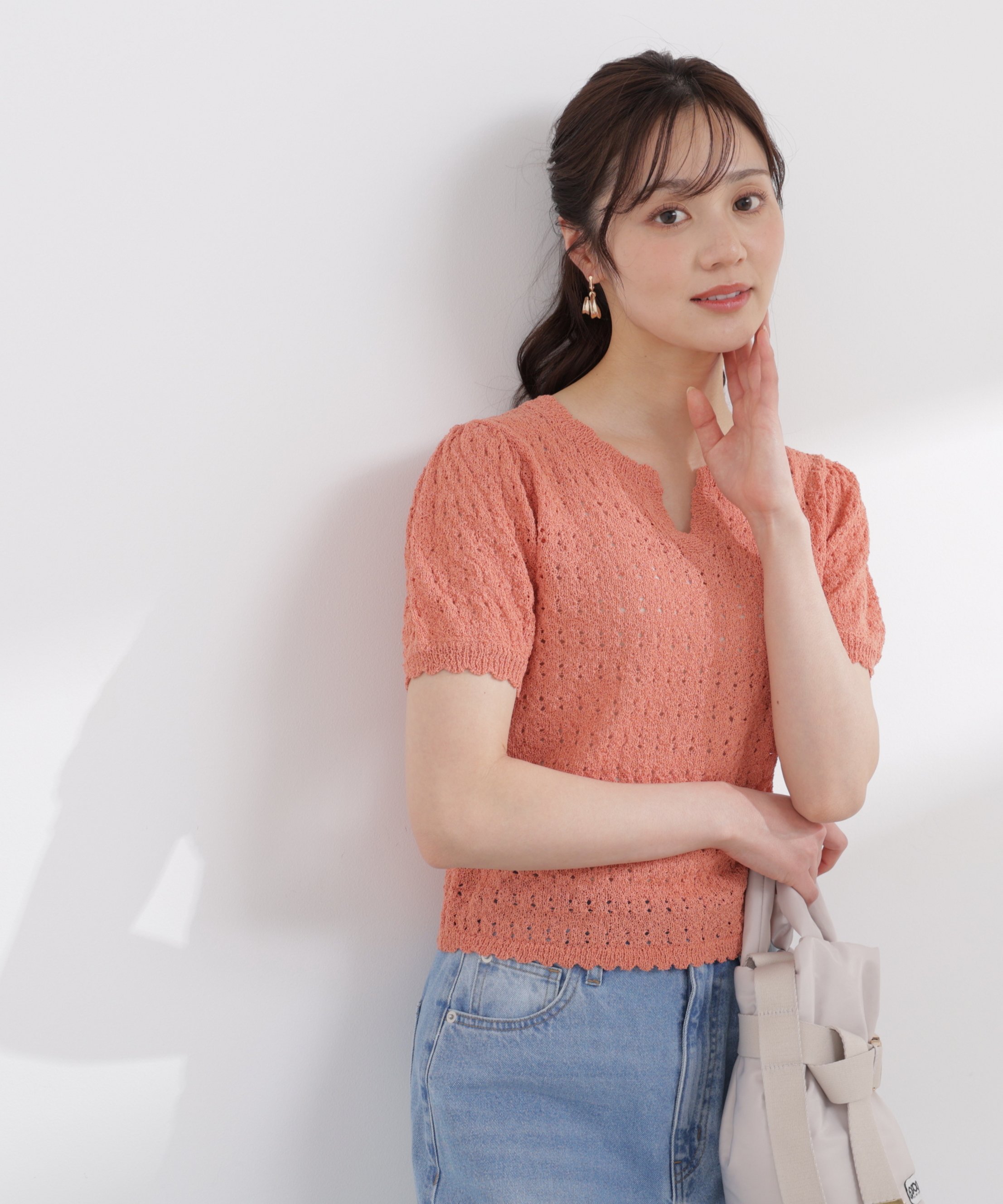 PROPORTION BODY DRESSING ヘンリーネック透かし編みニット 26SS プロポーションボディドレッシング トップス ニット ブラック パープル オレンジ