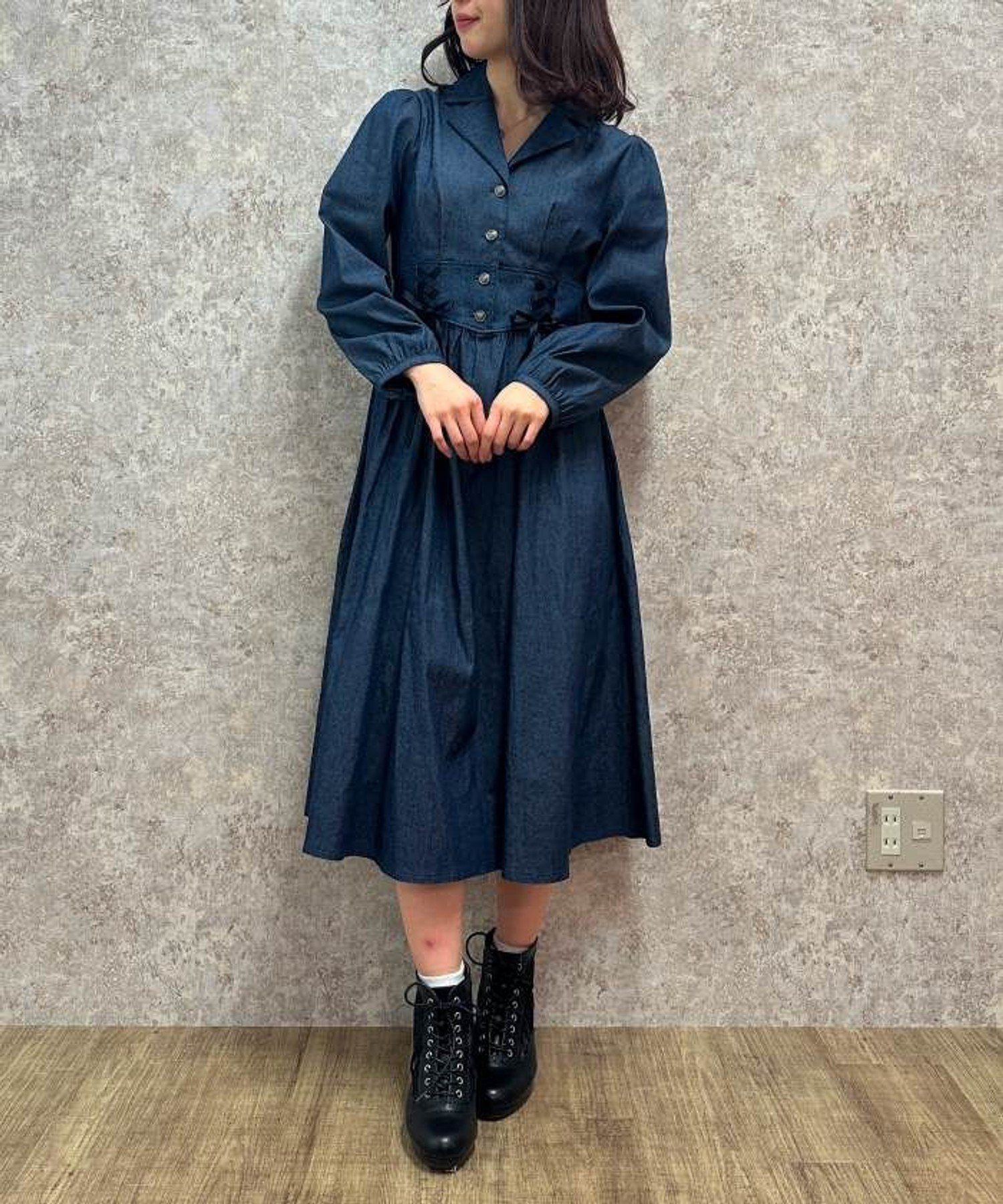 【SALE／50%OFF】axes femme ダブルレースアップデニムワンピース アクシーズファム ワンピース・ドレス ワンピース ブラック ブルーのサムネイル