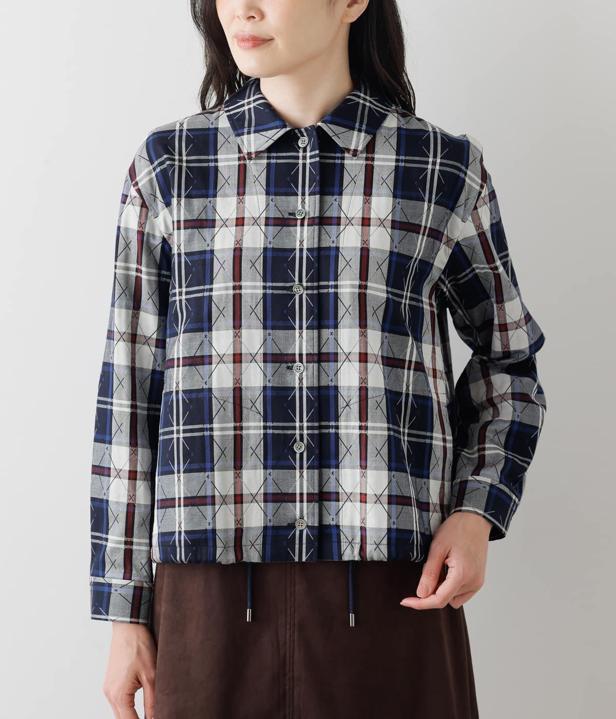 NEWYORKER WOMEN L-SIZE 【L】ジャカードダイアモンドニューヨーカータータン カバーオール風シャツ ニューヨーカー エルサイズ トップス シャツ・ブラウス ネイビー