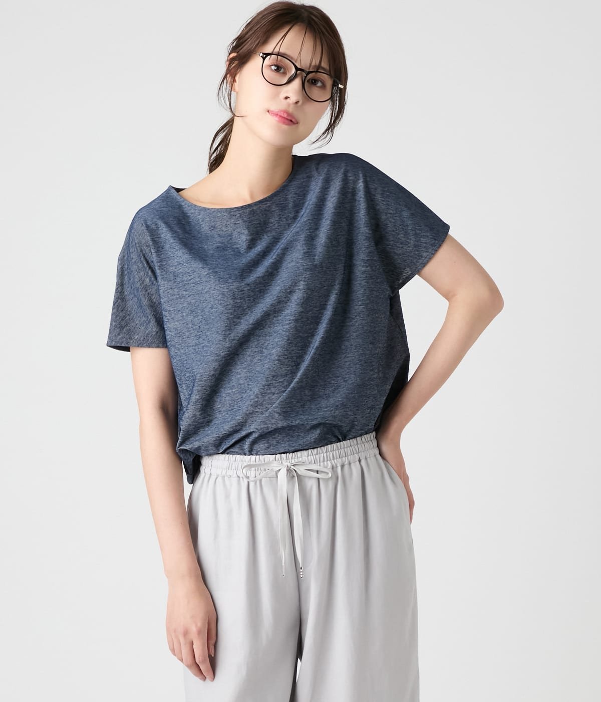 NEWYORKER WOMEN L-SIZE 【L】コットンリネンフロート ドルマンスリーブTシャツ ニューヨーカー エルサイズ トップス カットソー・Tシャツ ネイビー ブルー