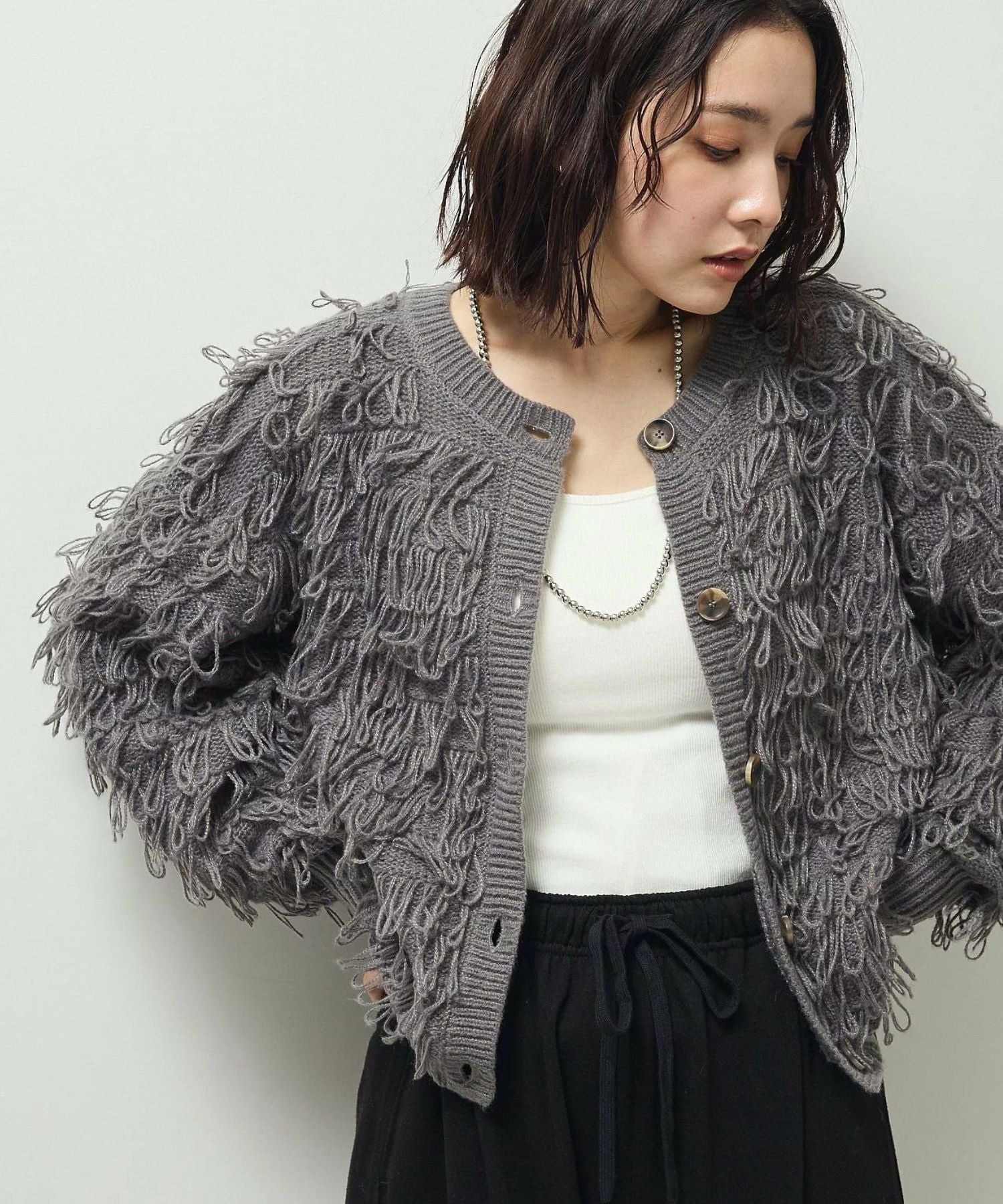 【SALE／50%OFF】Green Parks ループニットカーディガン グリーンパークス トップス カーディガン グレー ホワイトのサムネイル