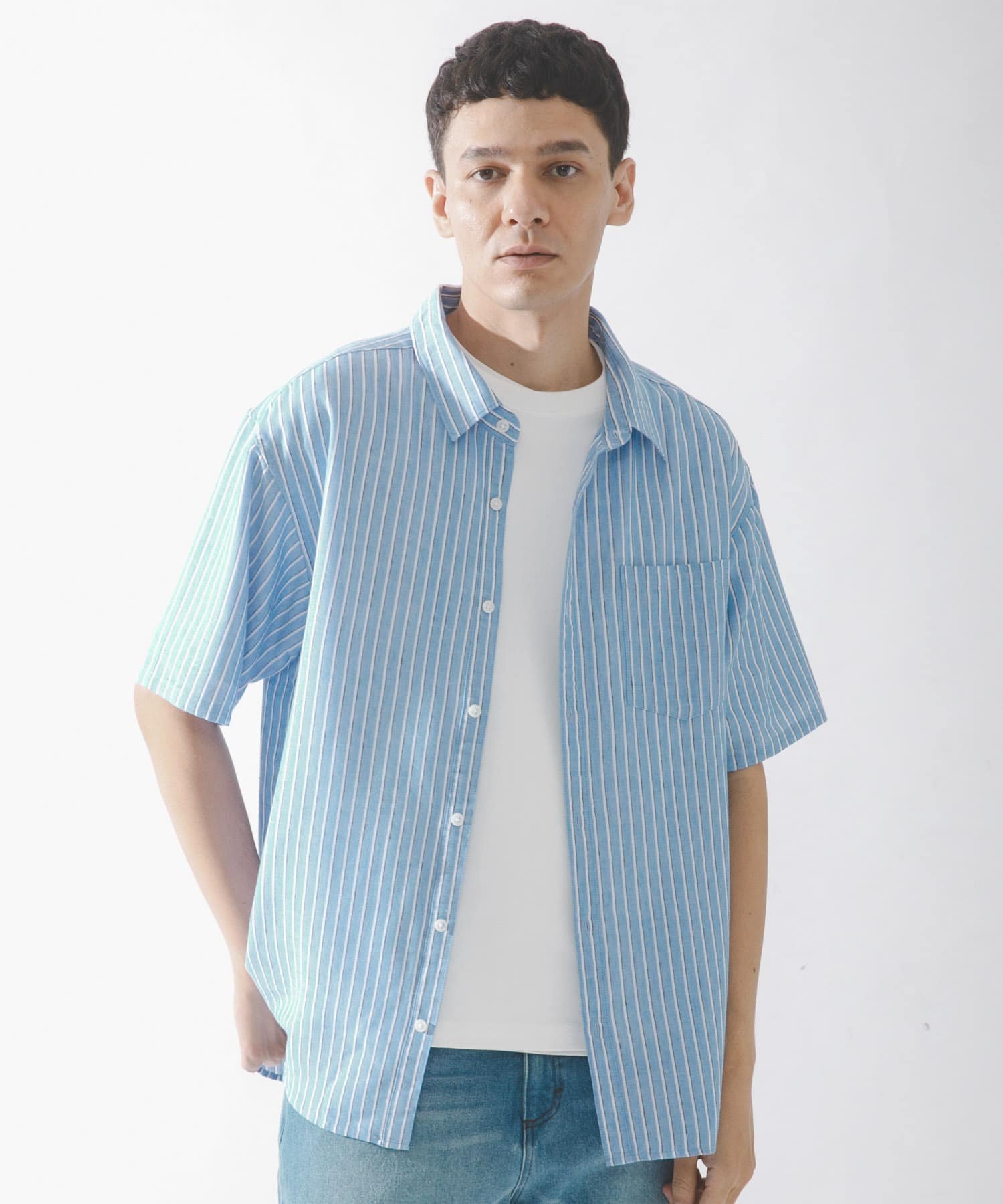 Sonny Label 接触冷感リネン混ショートスリーブシャツ サニーレーベル トップス シャツ・ブラウス ホワイト ネイビー グリーン グレー ブルー