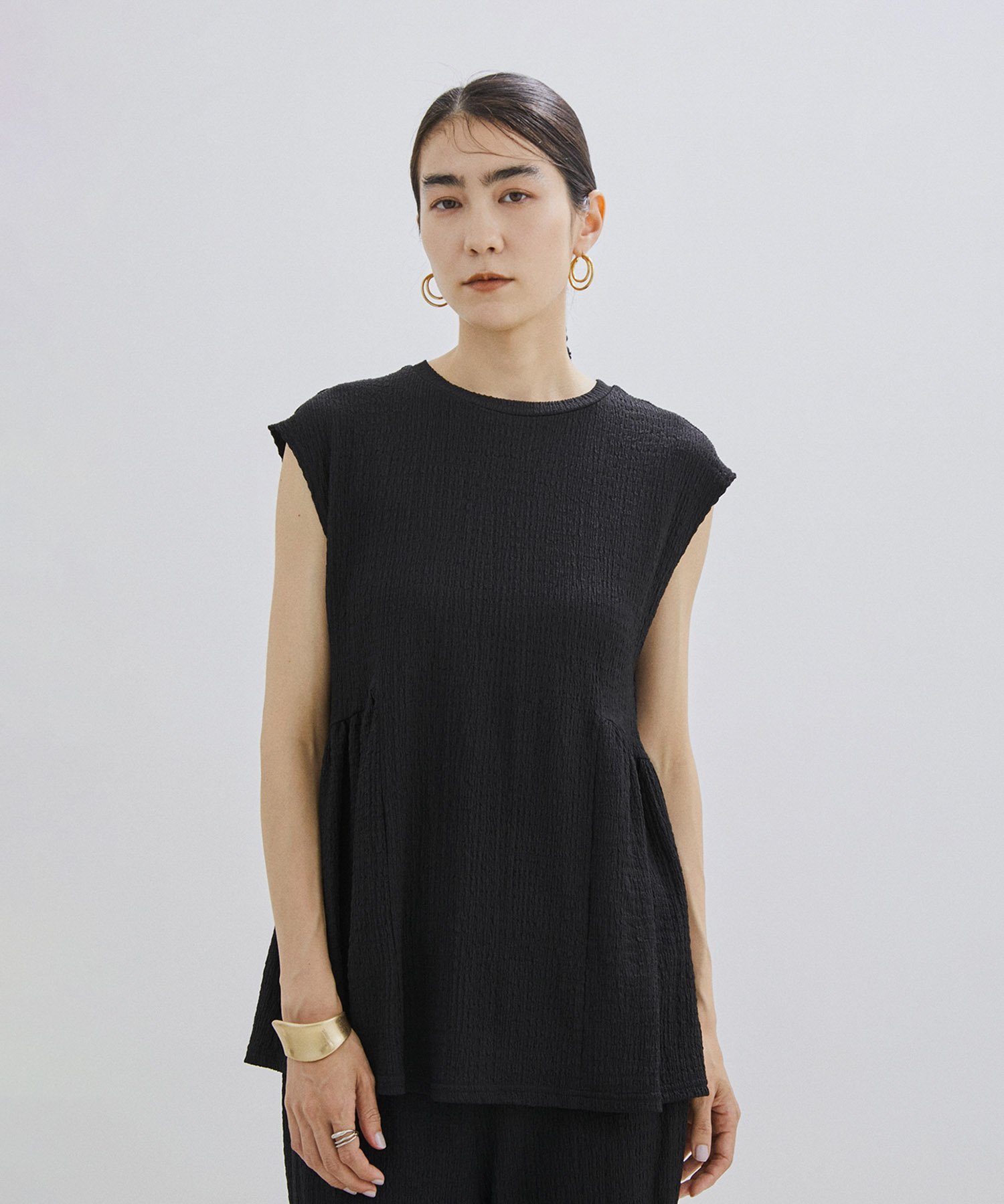 SALON adam et rope' 【WEB限定】【セットアップ対応】ラッセルシャーリングウエストギャザーペプラムTシャツ サロン アダム エ ロペ トップス カットソー・Tシャツ グレー ブラック ホワイト【送料無料】