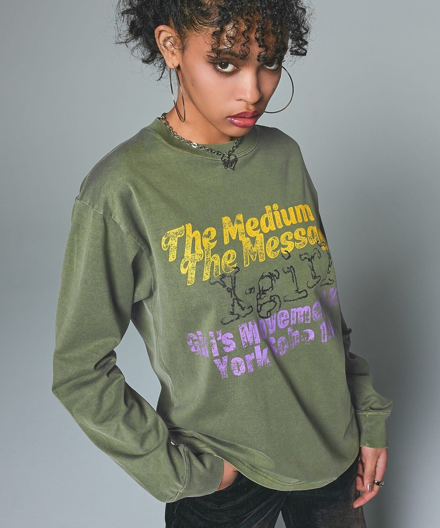X-girl GRUNGE LOGO FADED L/S TEE エックスガール トップス カットソー・Tシャツ カーキグリーン ブラック