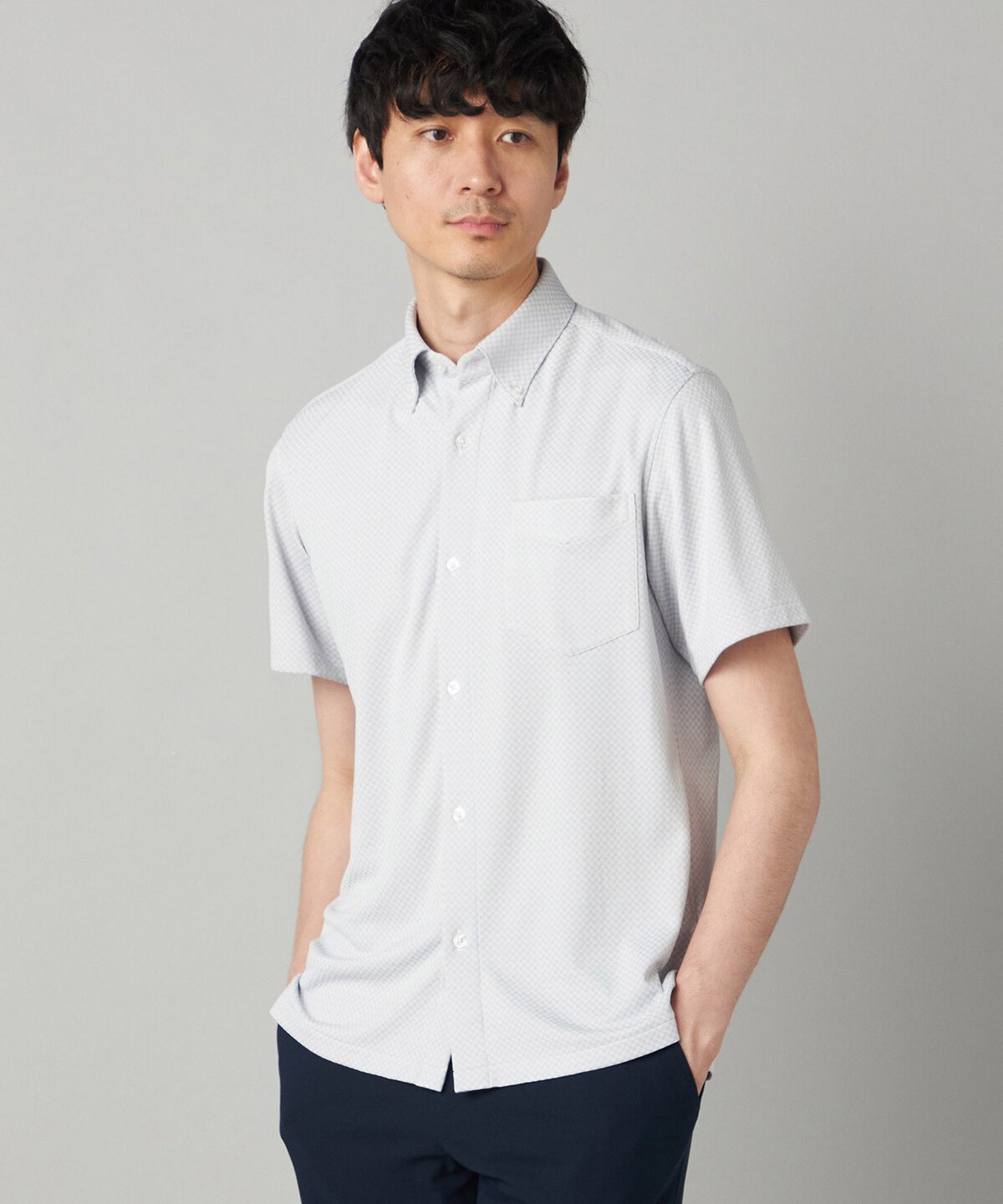 COMME CA MEN 【抗菌・消臭】【市松柄】ジャカードジャージー 半袖ドレスシャツ コムサメン トップス シャツ・ブラウス グレー ネイビー【送料無料】