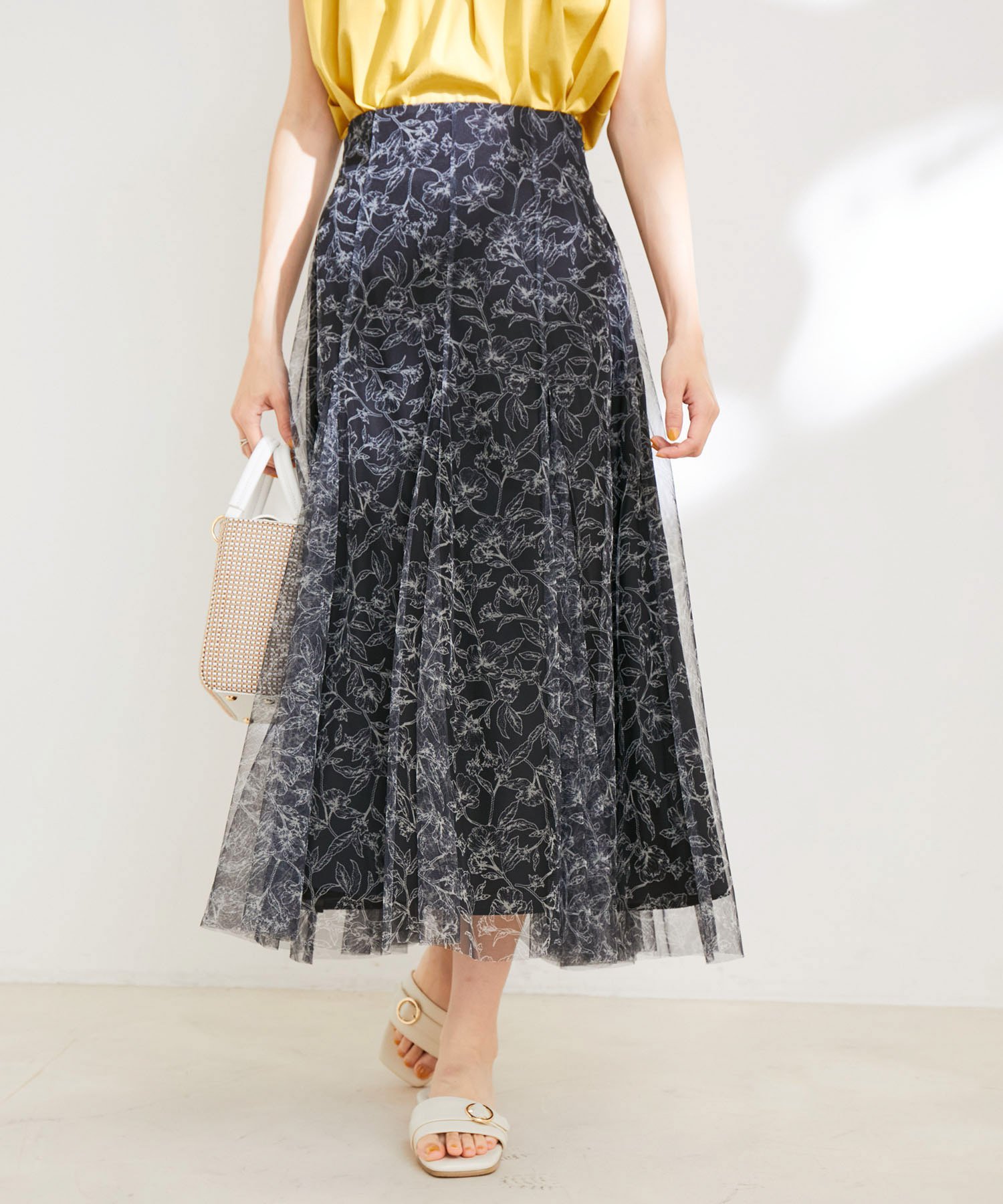 ViS 【洗える】チュール花柄プリントフレアマーメイドスカート ビス スカート その他のスカート ブラック ホワイト ベージュ【送料無料】のサムネイル