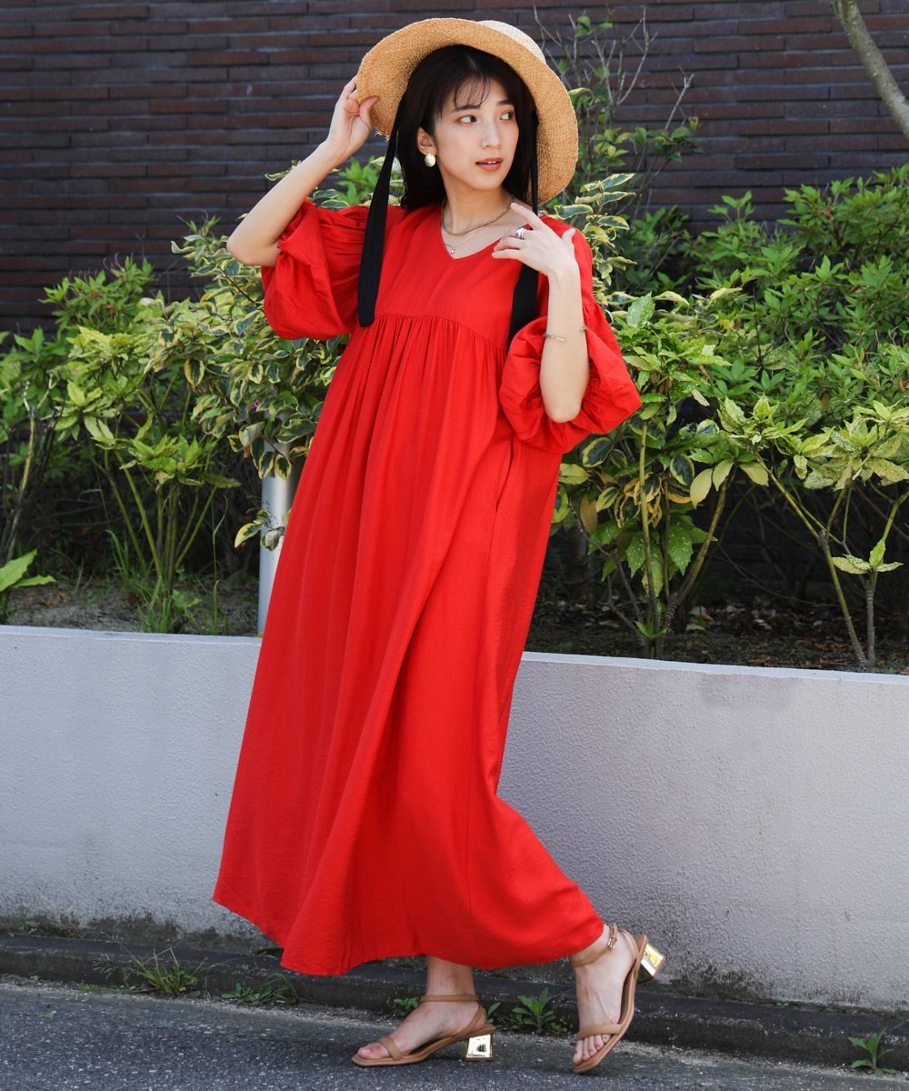 【SALE/40%OFF】Bou Jeloud 【高身長向けサイズ展開あり】袖ボリューム前後2WAYワンピース バブ / ブージュルード ワンピース・ドレス ワンピース オレンジ ベージュ ブラック【送料無料】