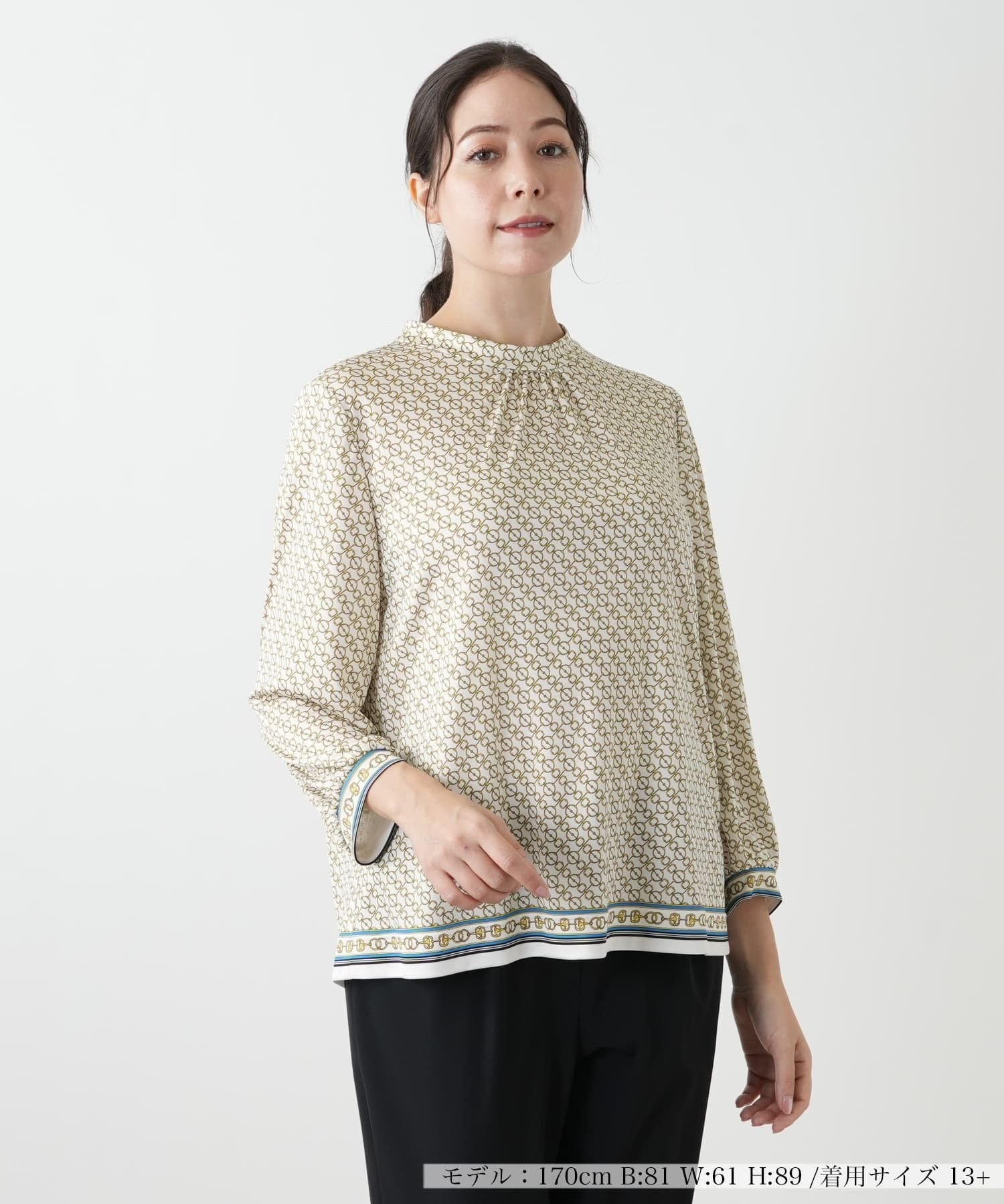 Leilian PLUS HOUSE プリントスタンドカラーカットソー レリアン プラスハウス トップス カットソー・Tシャツ ネイビー ベージュ