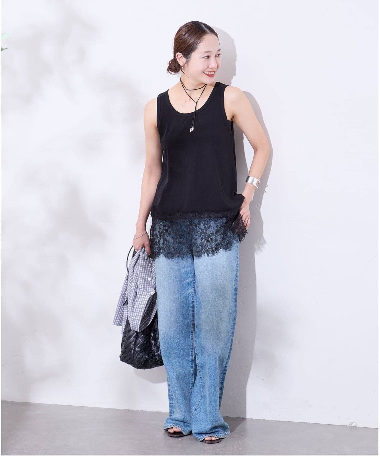 JOURNAL STANDARD 《追加3》レースヘムシアータンク ジャーナル スタンダード トップス カットソー・Tシャツ ブラック ホワイト