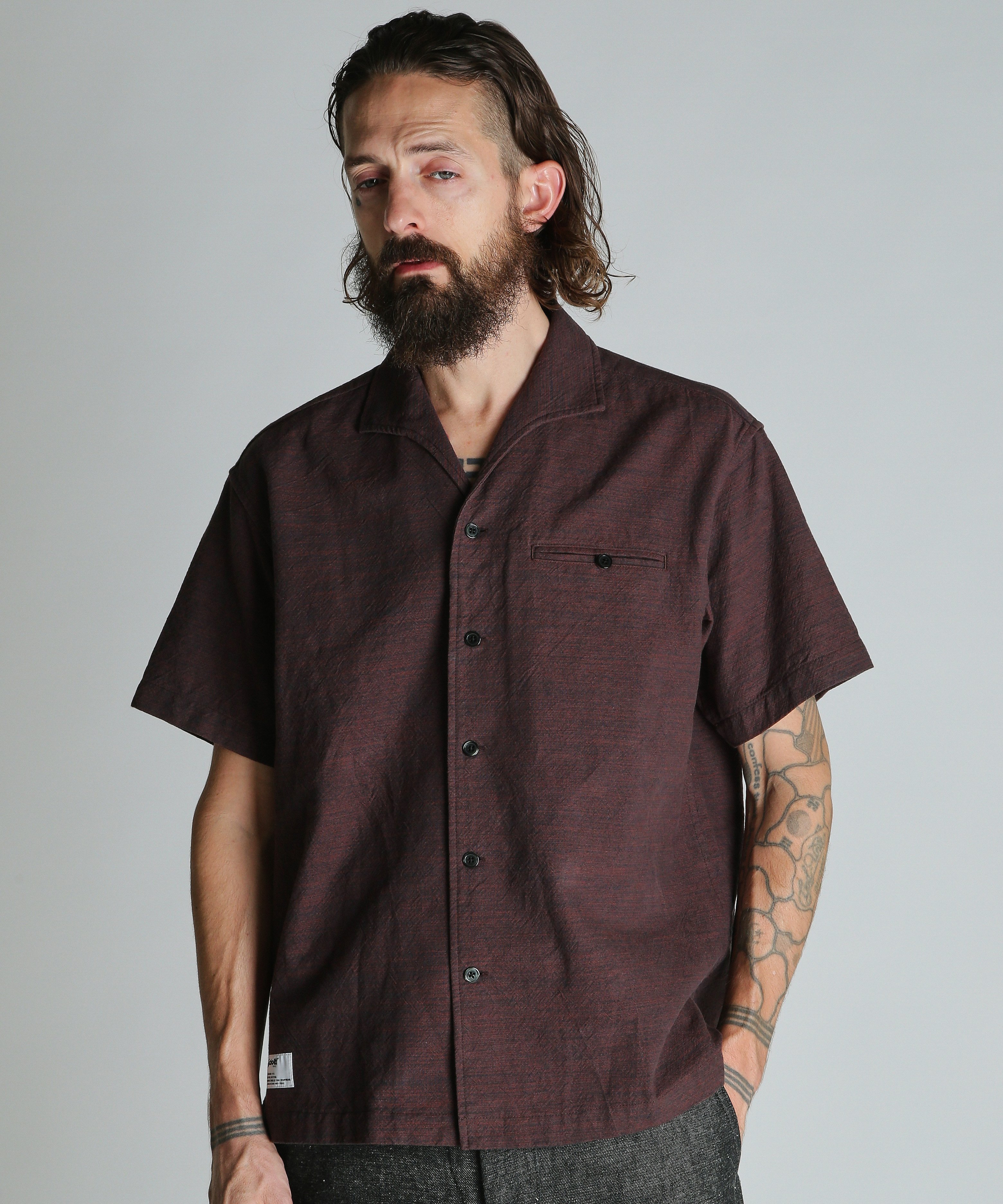MIX SHARK COLLAR SS SHIRT/ミックス シャークカラー 半袖シャツ ショット トップス シャツ・ブラウス ブラウン ブラック